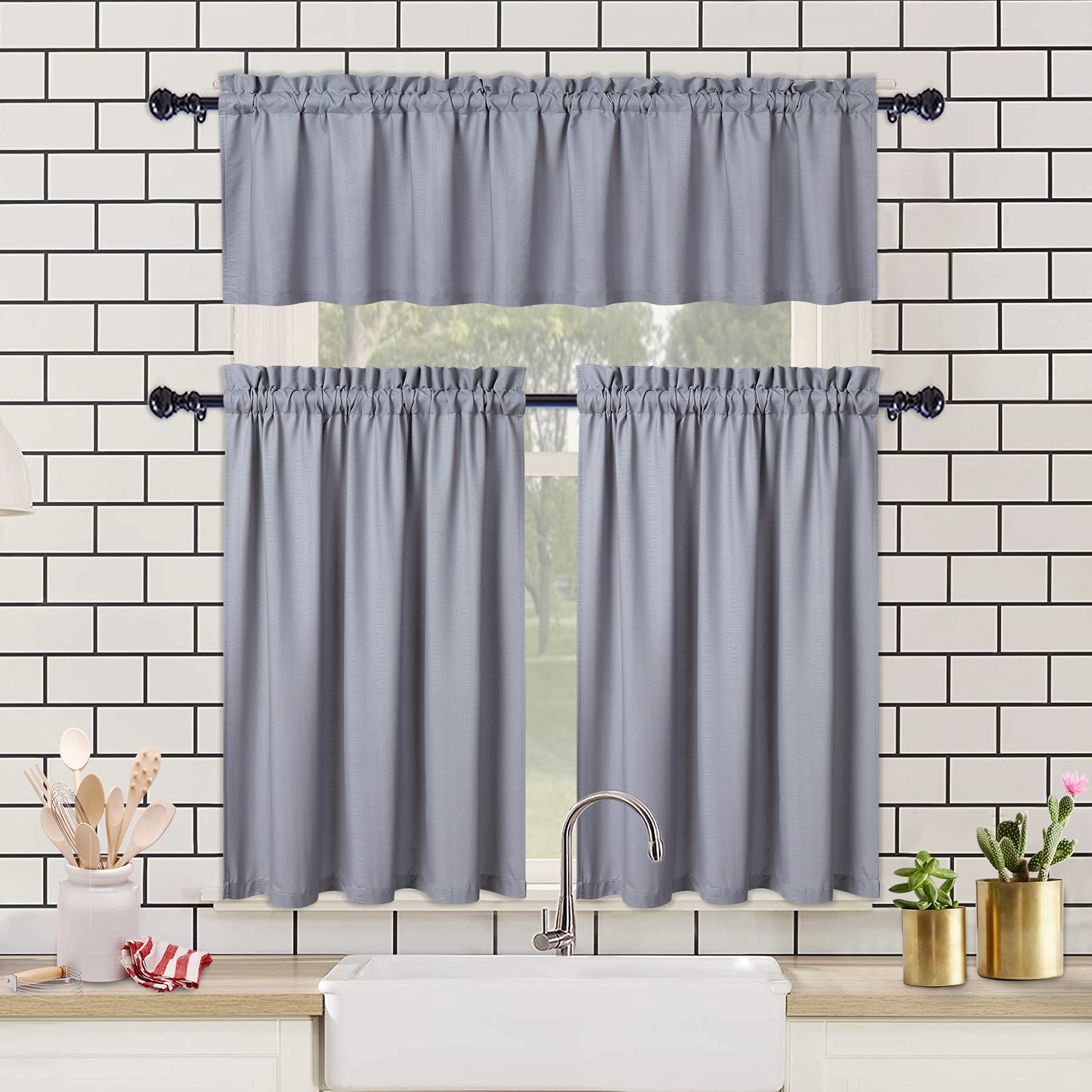 Tende da cucina impermeabili Garvee con trama in rilievo, tende corte per piccole finestre a mezza altezza, 5,1x76,2 cm, grigio, per cucina, bagno, camera da letto, soggiorno