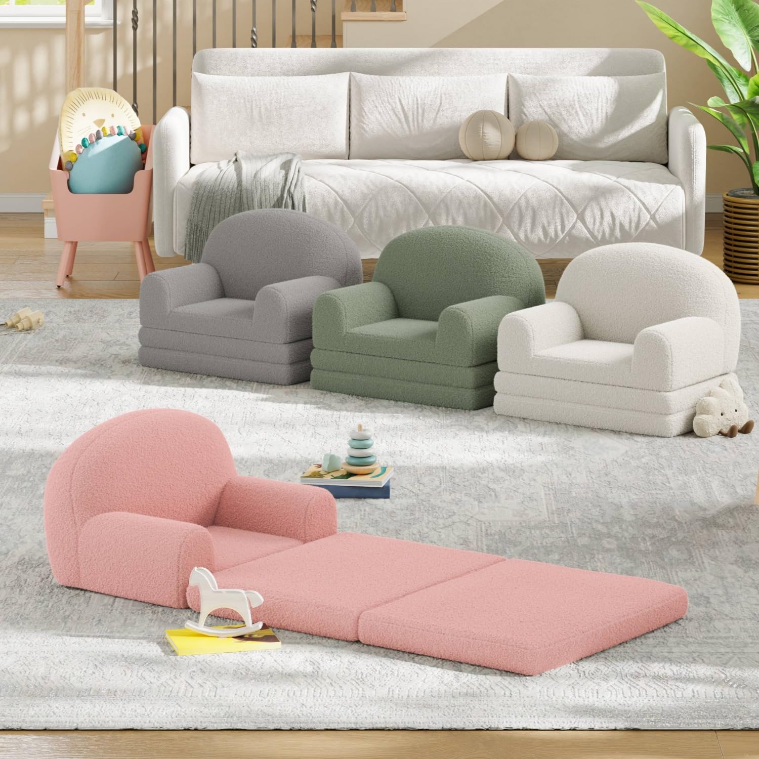 Divano per bambini Garvee 2 in 1, pieghevole, in pile, comodo e portatile, grigio, per sala giochi e camera da letto