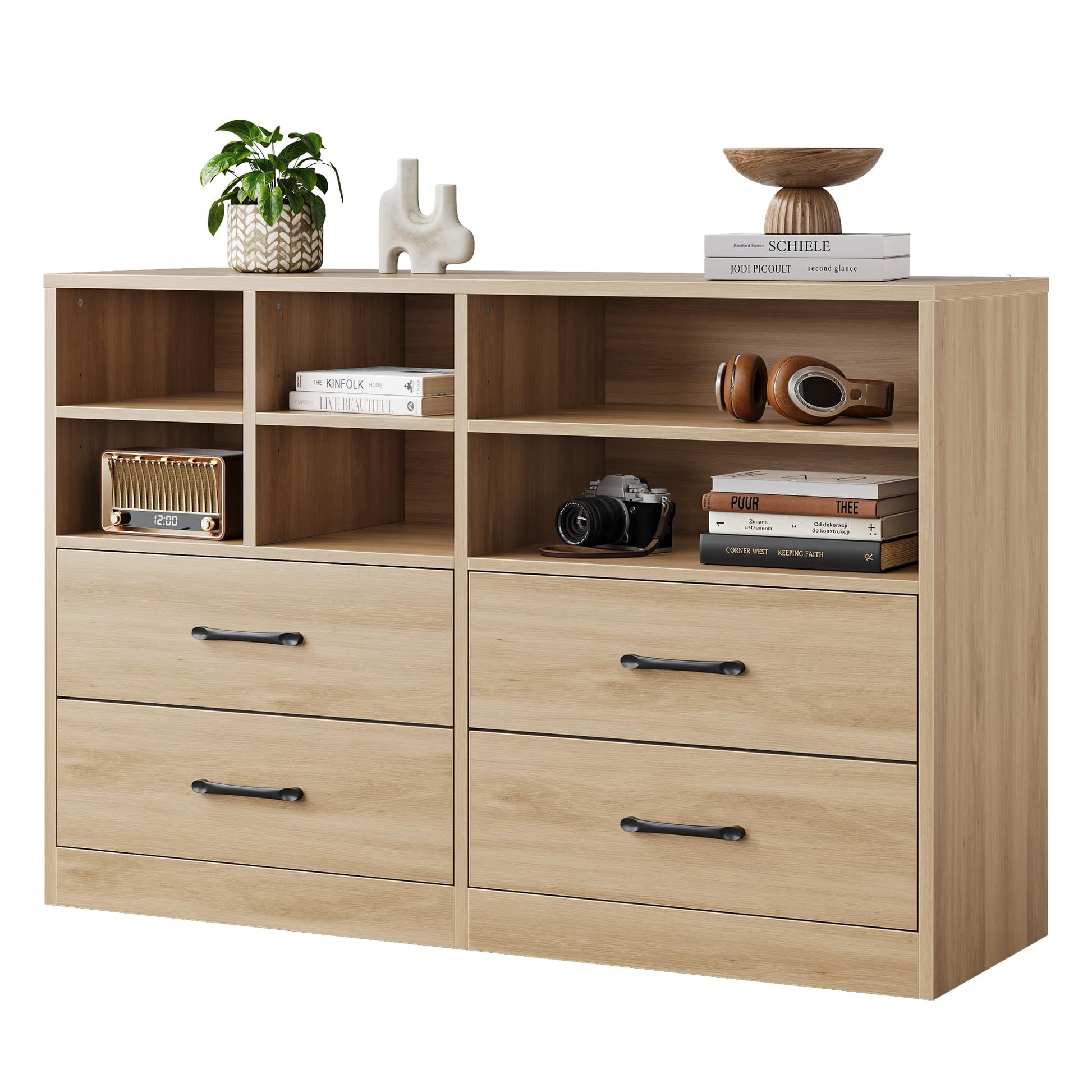 Cassettiera Garvee a 4 cassetti con 6 scomparti aperti, ripiani regolabili, legno MDF, mobile TV moderno per camera da letto e soggiorno, rovere, 47,24"L x 31,69"A