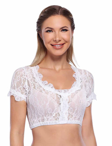 Garvee Trachten Camicetta Dirndl da donna, a maniche corte, in pizzo trasparente con finiture in pizzo per l'Oktoberfest, S-XL, bianco