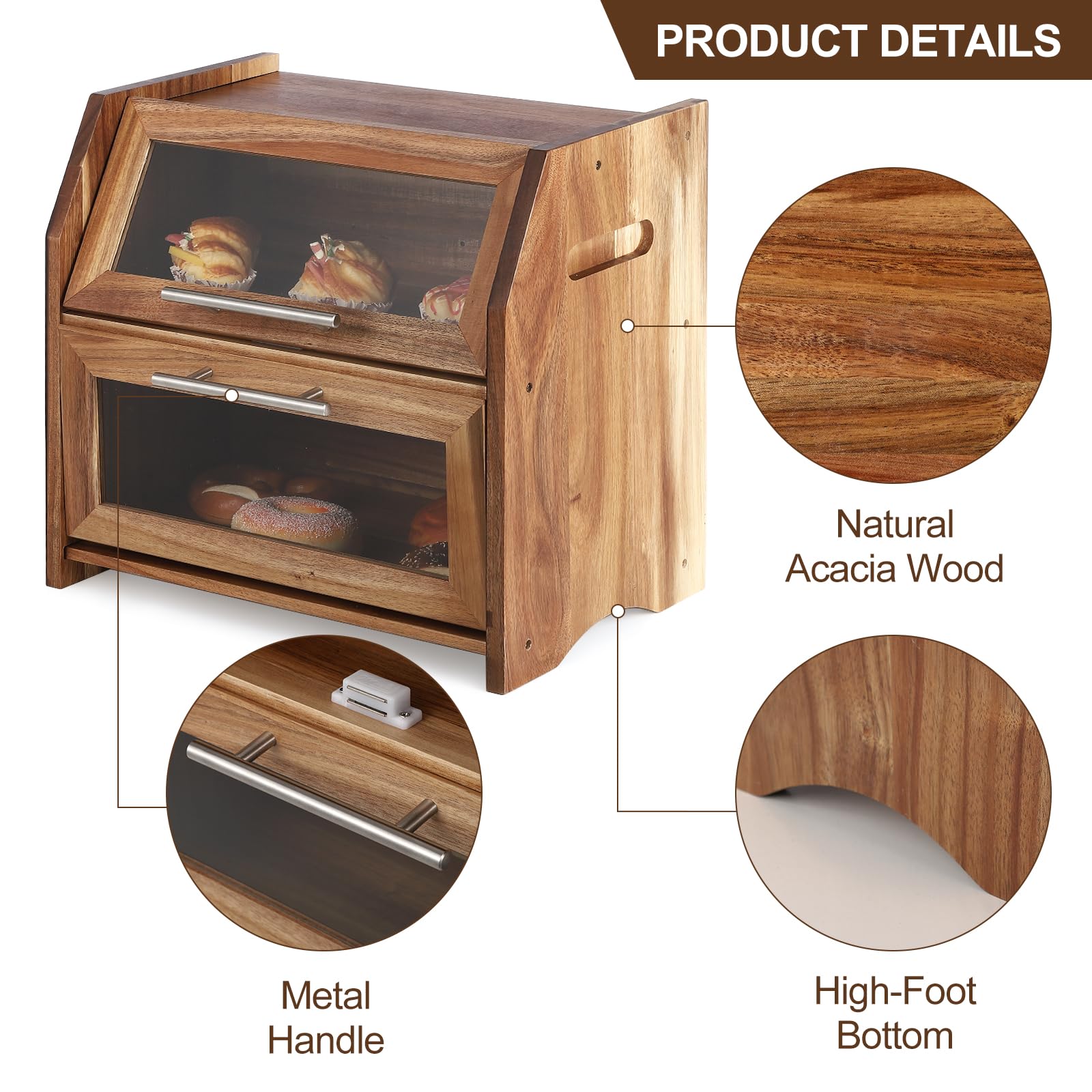 Portapane Garvee a due ripiani in legno di acacia con porta in acrilico e prese d'aria per cucina e tavolo della colazione, 40x26,5x36,5 cm, argento rustico