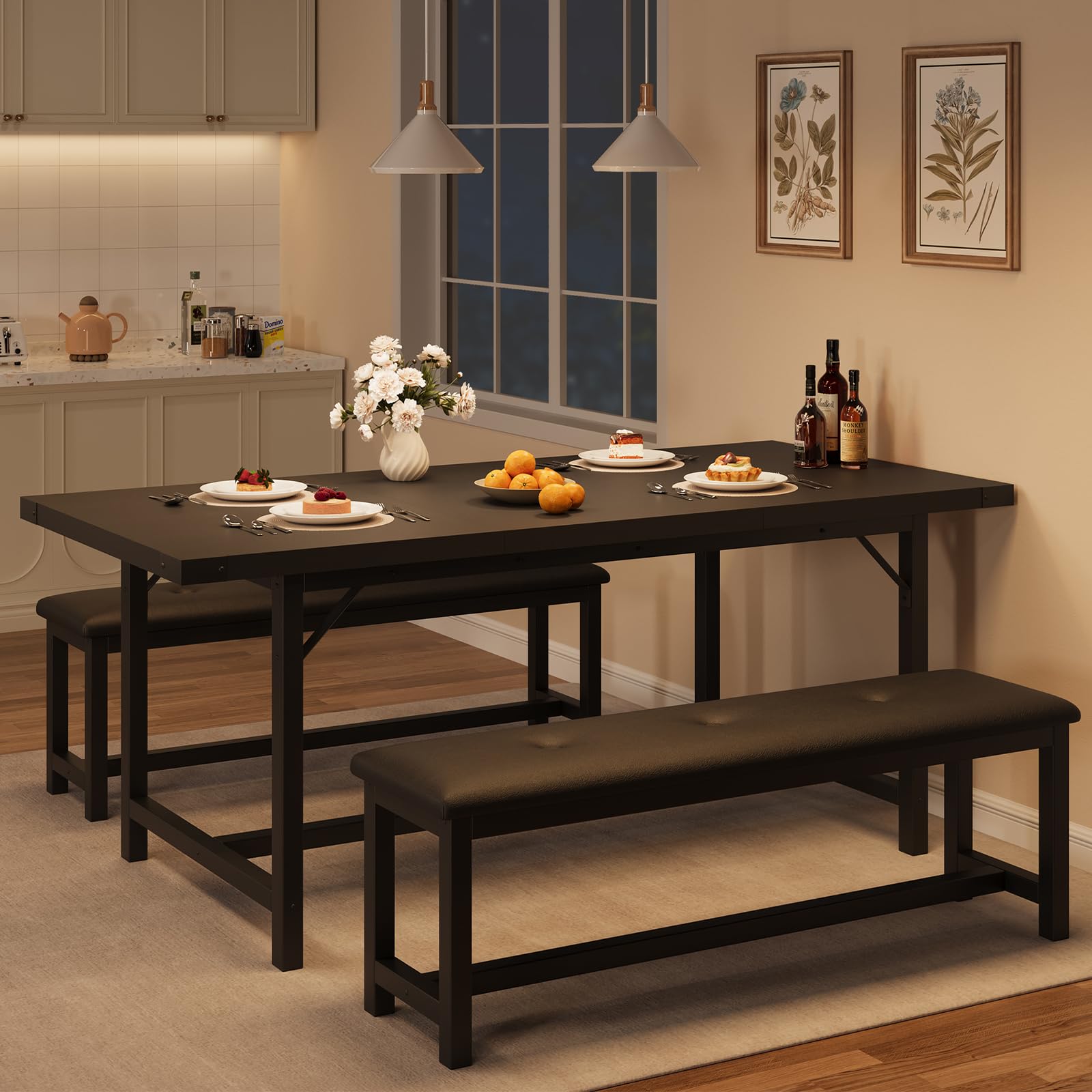 Tavolo da pranzo estensibile Garvee per 4-6 persone, 160 cm in legno, nero retrò, salvaspazio, stabile, facile da montare