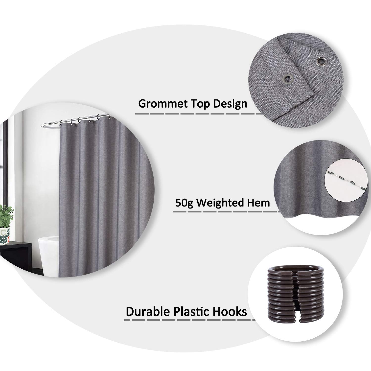 Garvee Flax Leinenähnlicher Duschvorhang 240GSM Schweres Gewebe Mit Haken Für Badezimmer 200x180 cm Grau