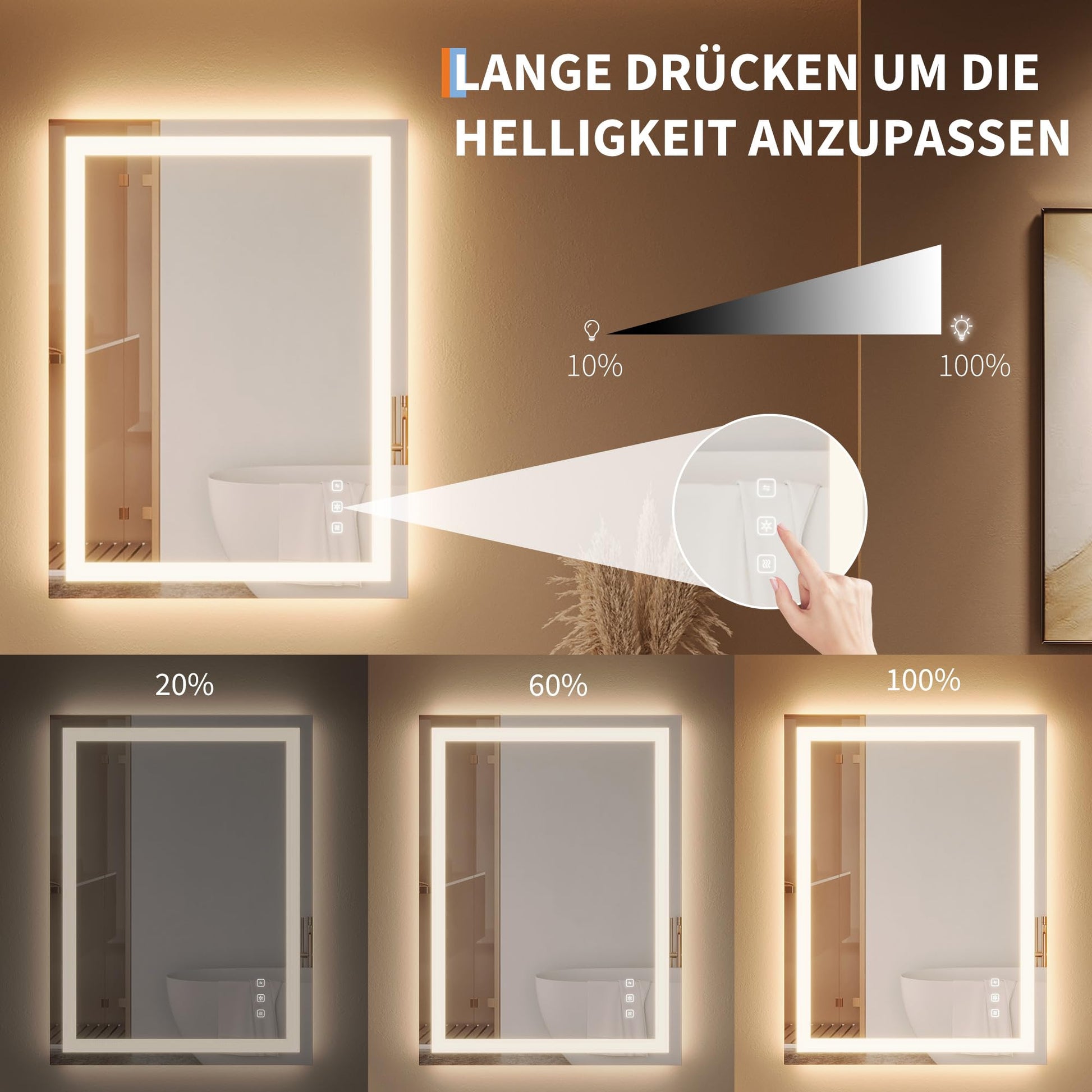 Specchio da bagno Garvee con luce 50x70 cm, antiappannamento, 3 colori di luce, dimmerabile, specchio da bagno a LED con interruttore touch