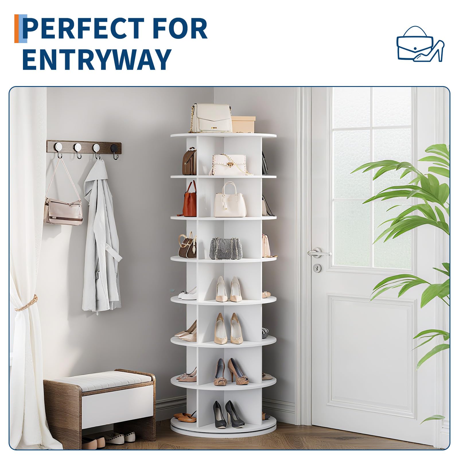 Torre portascarpe girevole a 7 ripiani Garvee, girevole a 360°, MDF da 12 mm, per soggiorno e corridoio, salvaspazio, versatile, indipendente