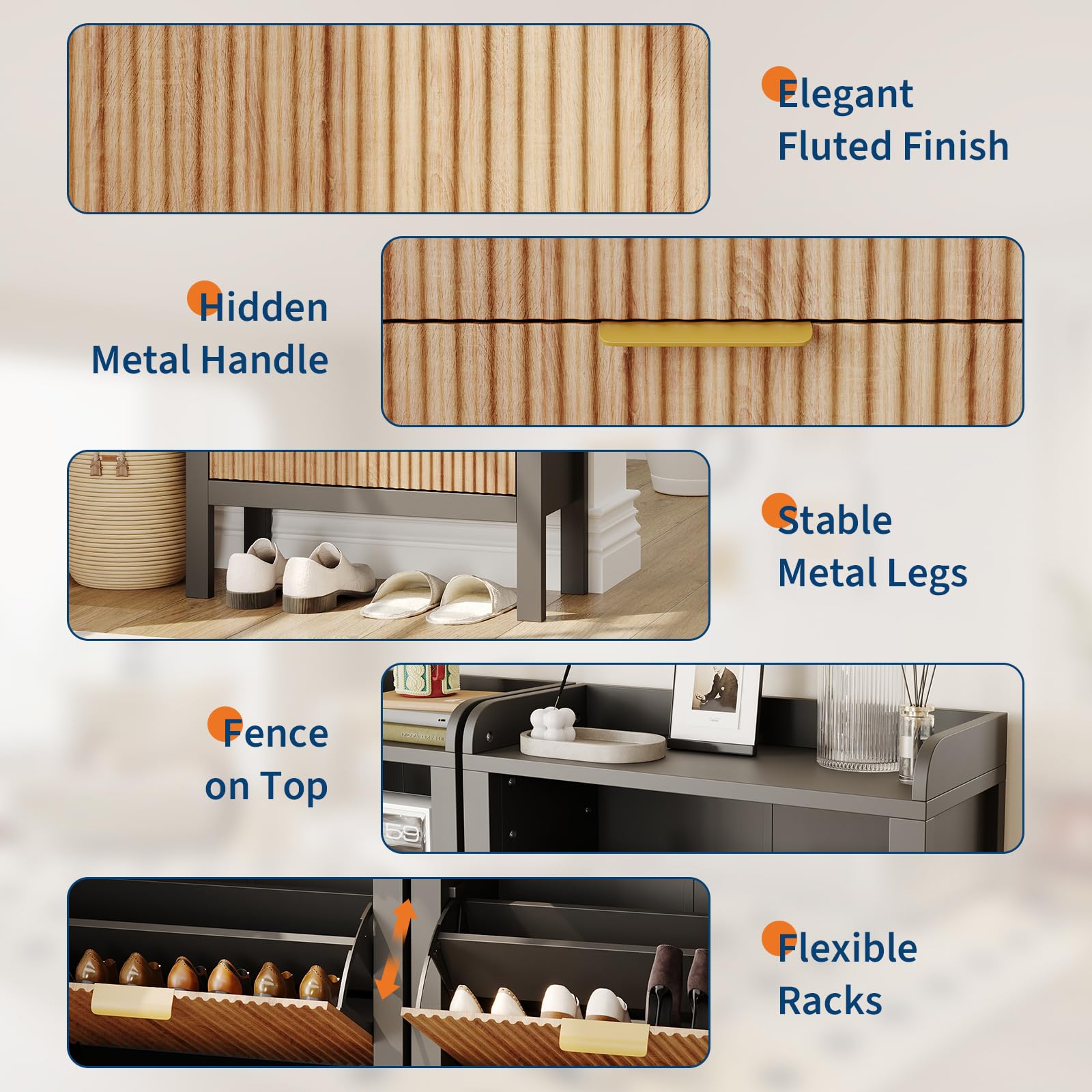 Scarpiera Garvee con 2 cassetti a ribalta, design scanalato, MDF e metallo, per corridoio e soggiorno, grande, bianco