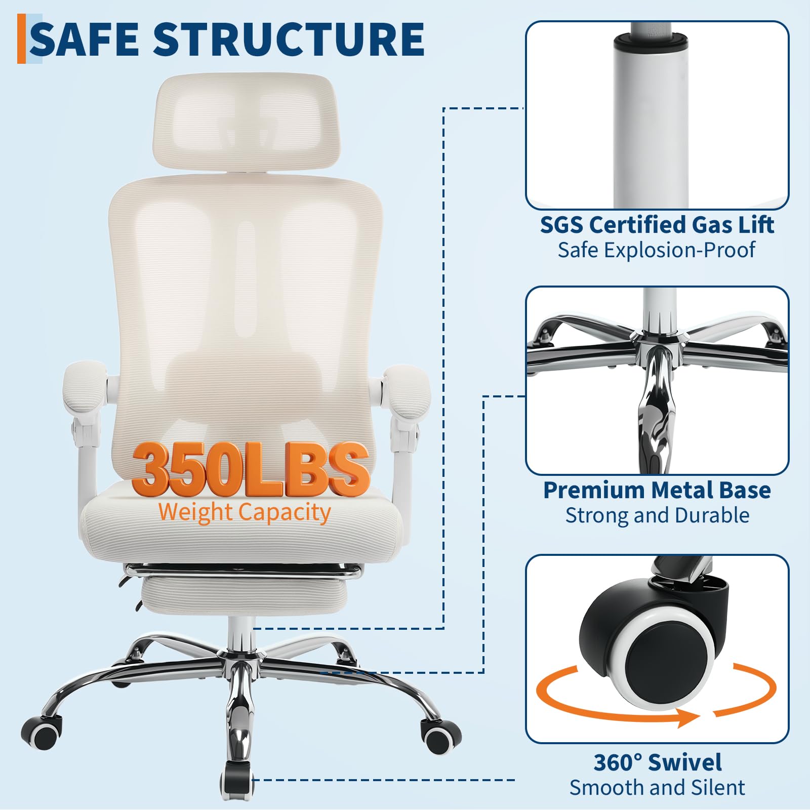 Sedia da ufficio ergonomica Garvee, schienale alto, rete, poggiatesta regolabile, poggiapiedi, beige, ufficio domestico