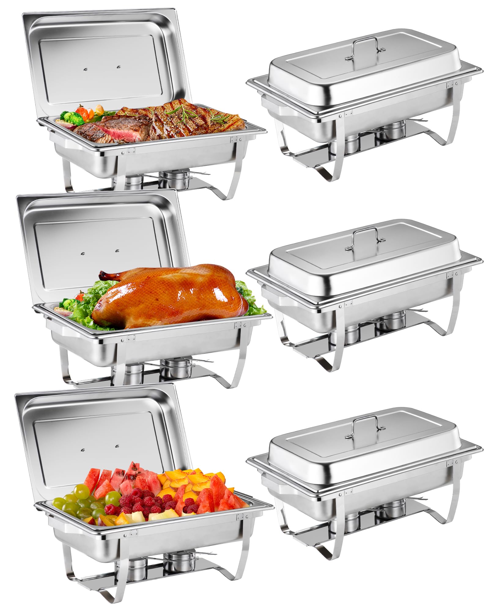 Garvee Chafing Dish Buffet Set 6x8Qt Acciaio Inox Antiruggine con Funzione di Riscaldamento per Matrimoni e Banchetti, Telaio Pieghevole, Argento