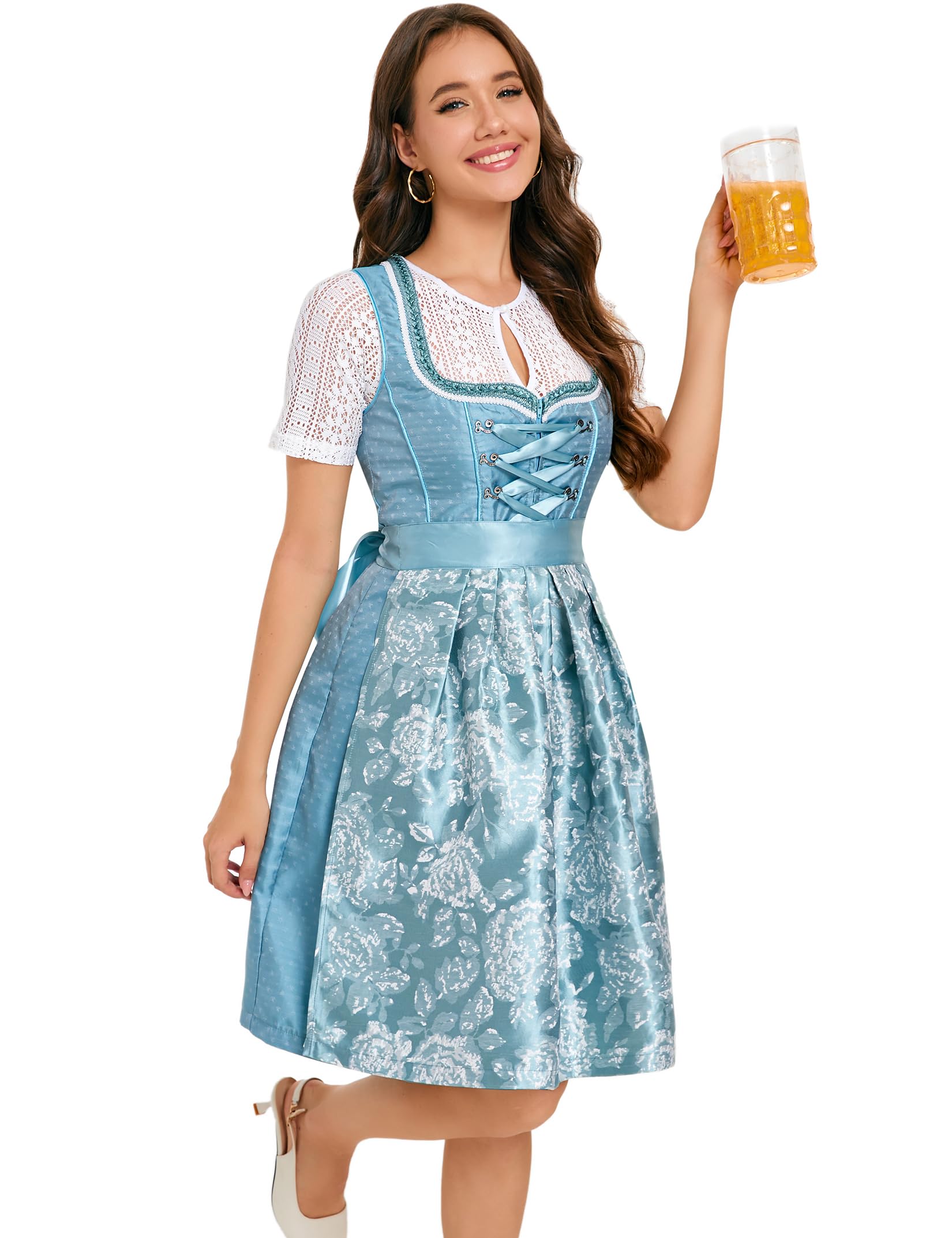 Garvee Dirndl da donna in jacquard, abito tradizionale midi, 3 pezzi, per l'Oktoberfest, blu, taglia 34