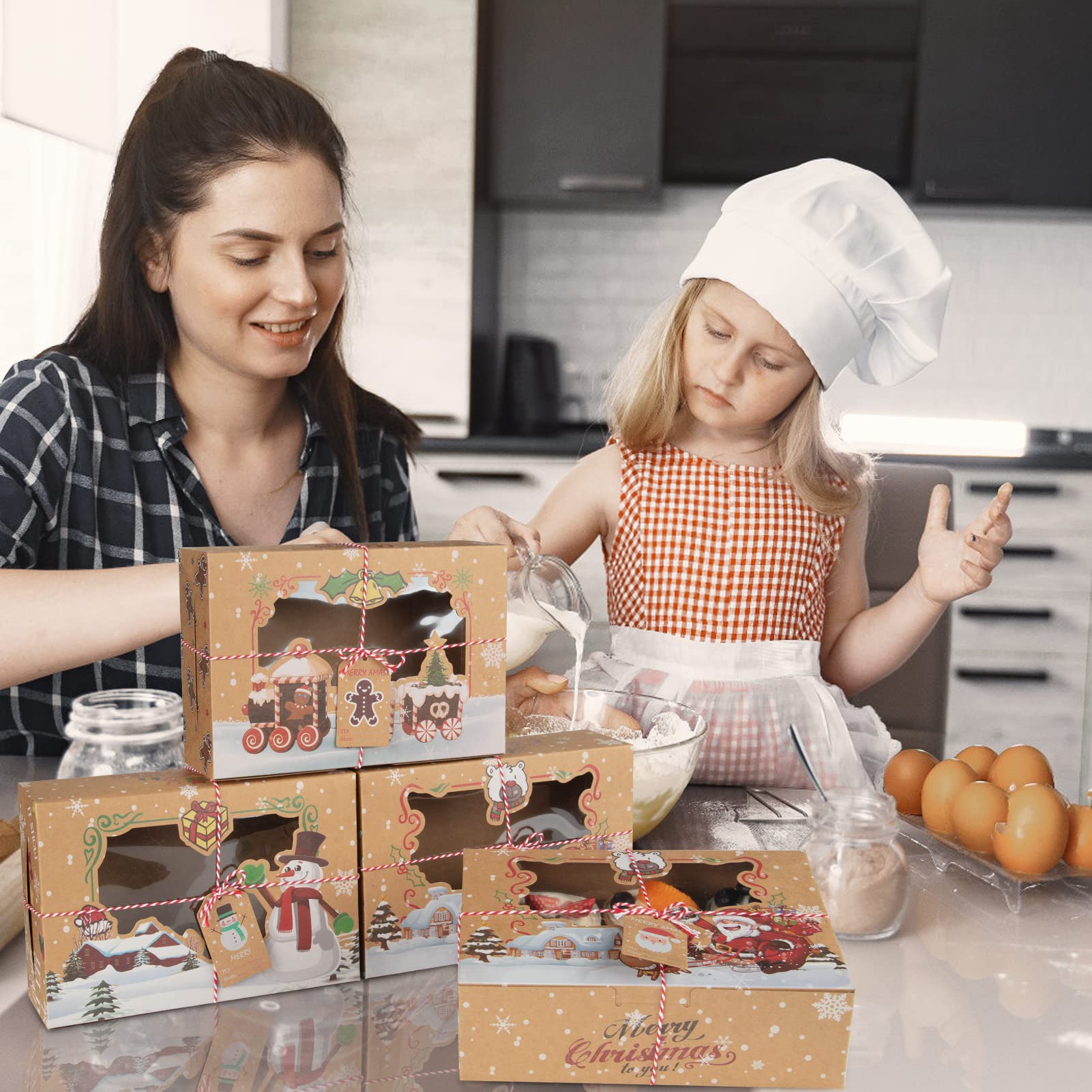 Scatola per biscotti natalizi Garvee da 24 pezzi con finestra, scatola da forno in carta kraft per torte, biscotti, dessert, ciambelle, di grandi dimensioni, design natalizio