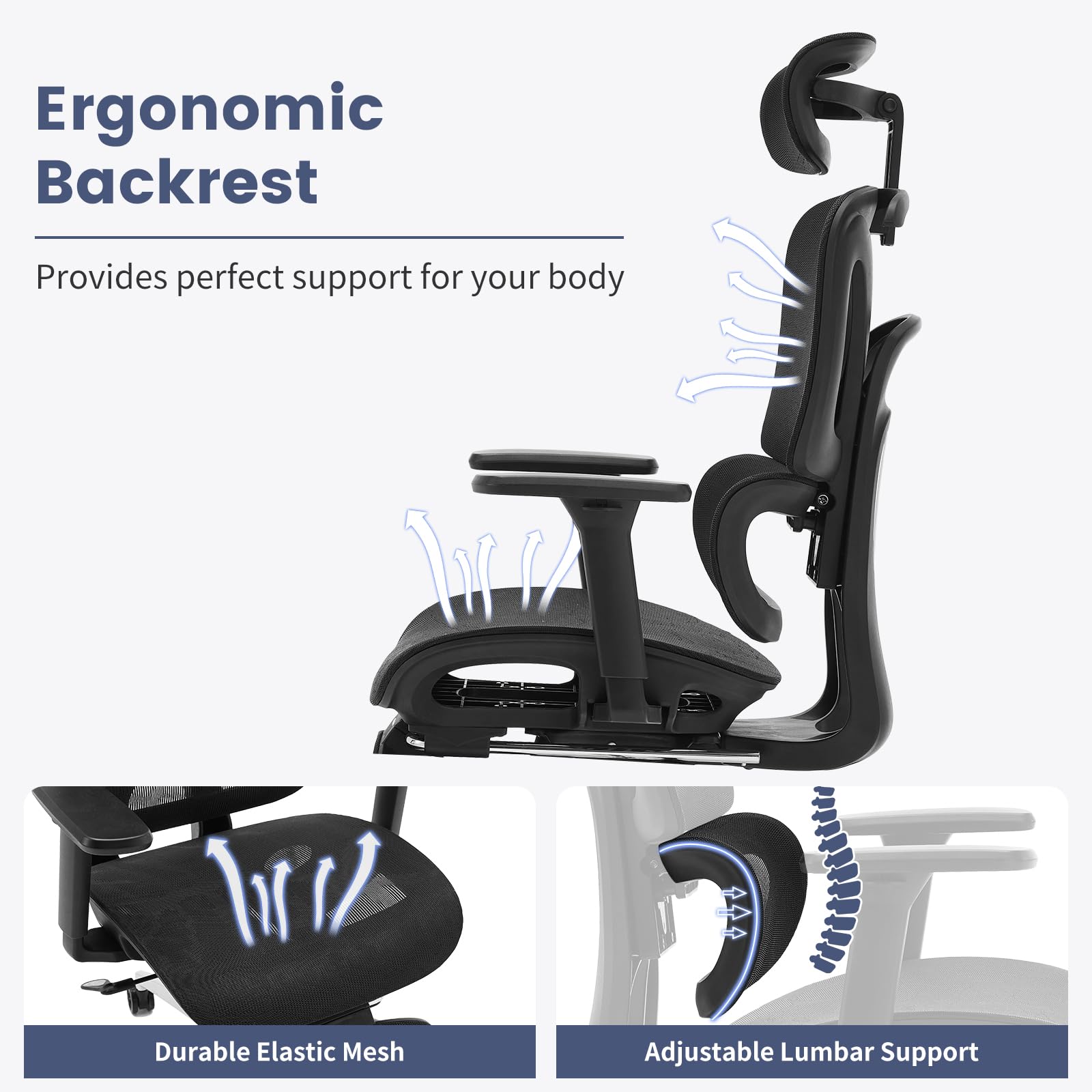 Sedia da ufficio ergonomica Garvee con poggiapiedi, regolabile, rete traspirante per ufficio domestico, schienale alto, nera