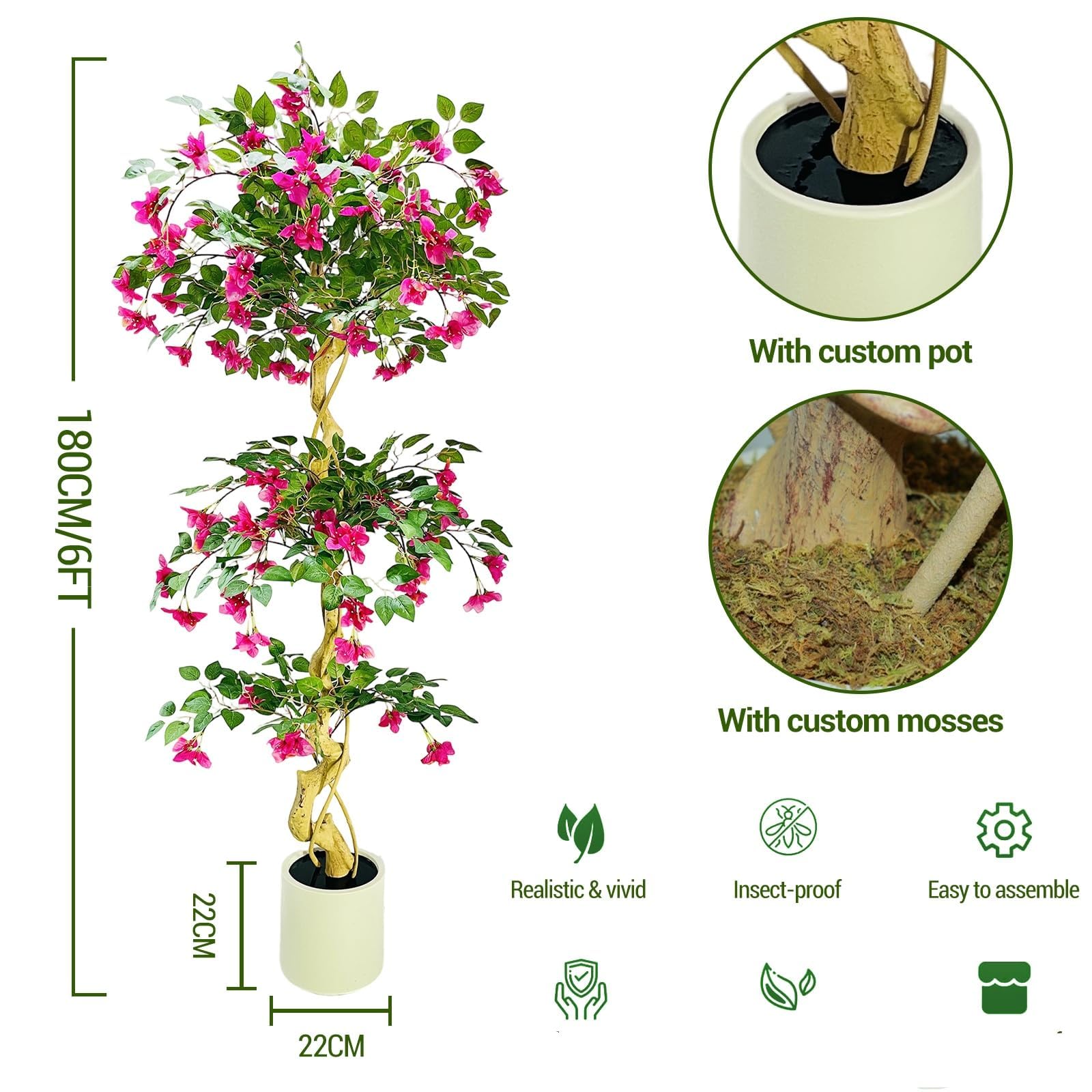 Albero di bouganville artificiale Garvee da 6 piedi, rosa, realistico e facile da pulire, in seta, per uso interno ed esterno, leggero e versatile