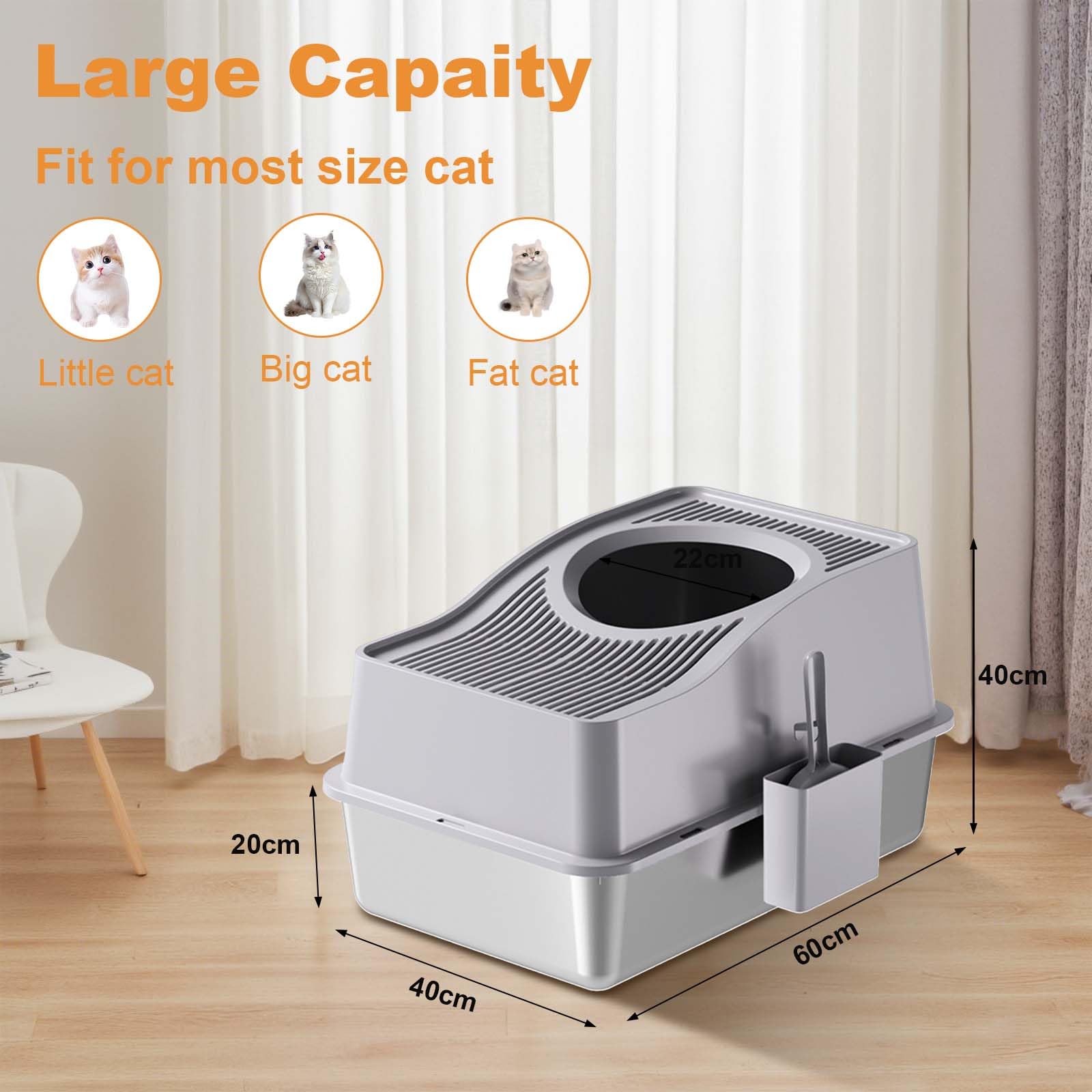 Lettiera per gatti Garvee in acciaio inox extra large con controllo degli odori, antigraffio, rimovibile, antiscivolo, per uso domestico, grigia, design con ingresso dall'alto