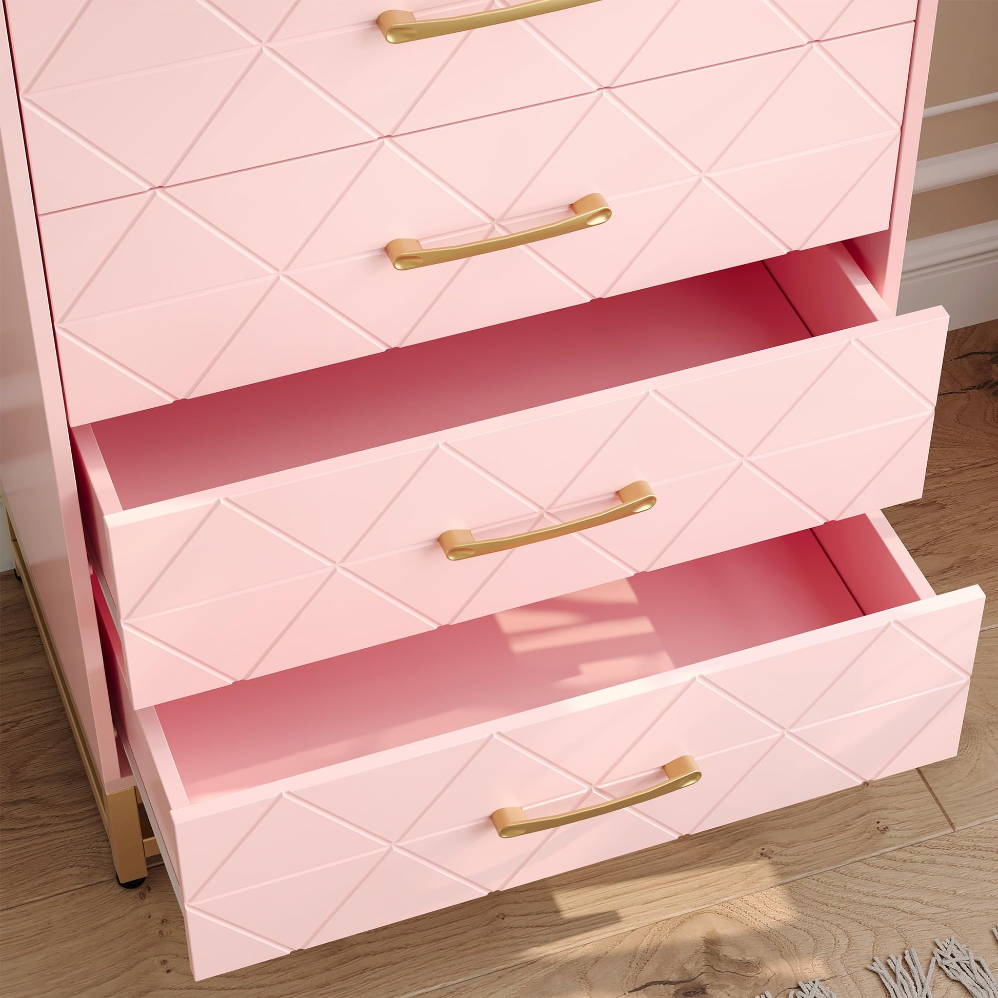 Cassettiera per camera da letto Garvee con 4 cassetti, maniglie in metallo, rosa, legno, viola in metallo robuste, salvaspazio, per soggiorno e ufficio