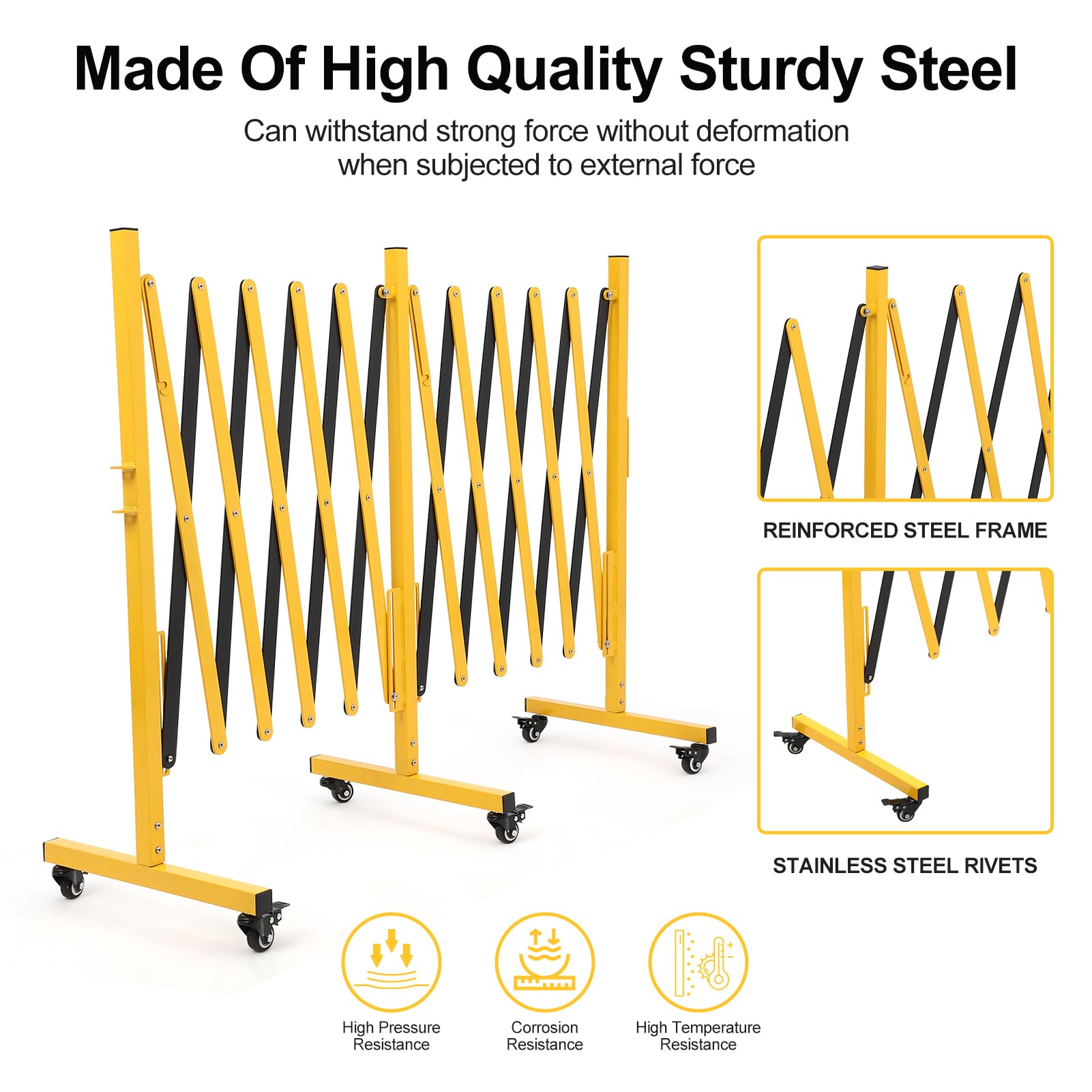 Barriera metallica espandibile Garvee da 16 piedi con ruote per cantieri edili e traffico, giallo-nero, flessibile e facile da montare