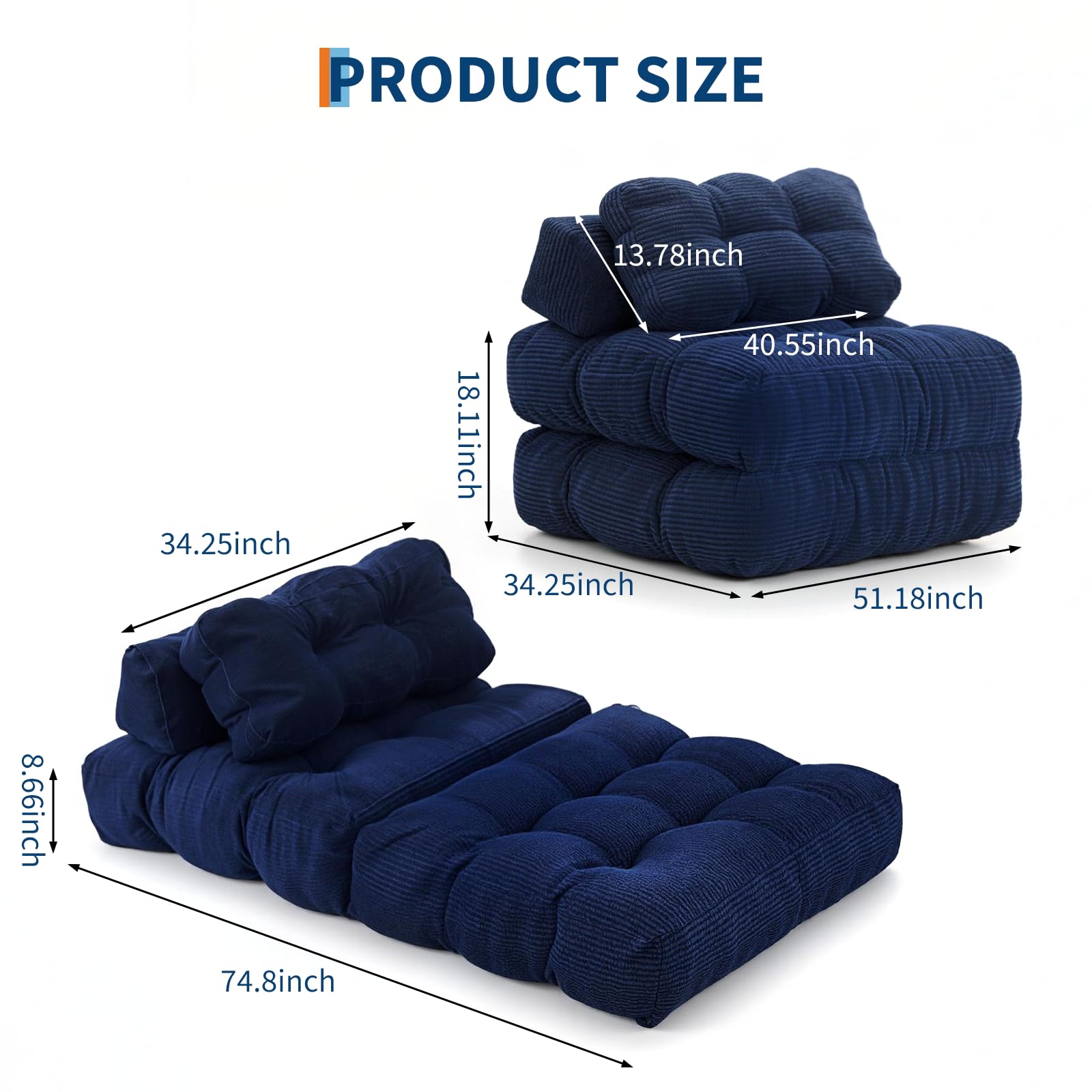 Divano letto 3 in 1 Garvee con cuscini e schienale per soggiorno e camera da letto, 34 pollici, blu navy, schiuma comfort, tessuto a coste