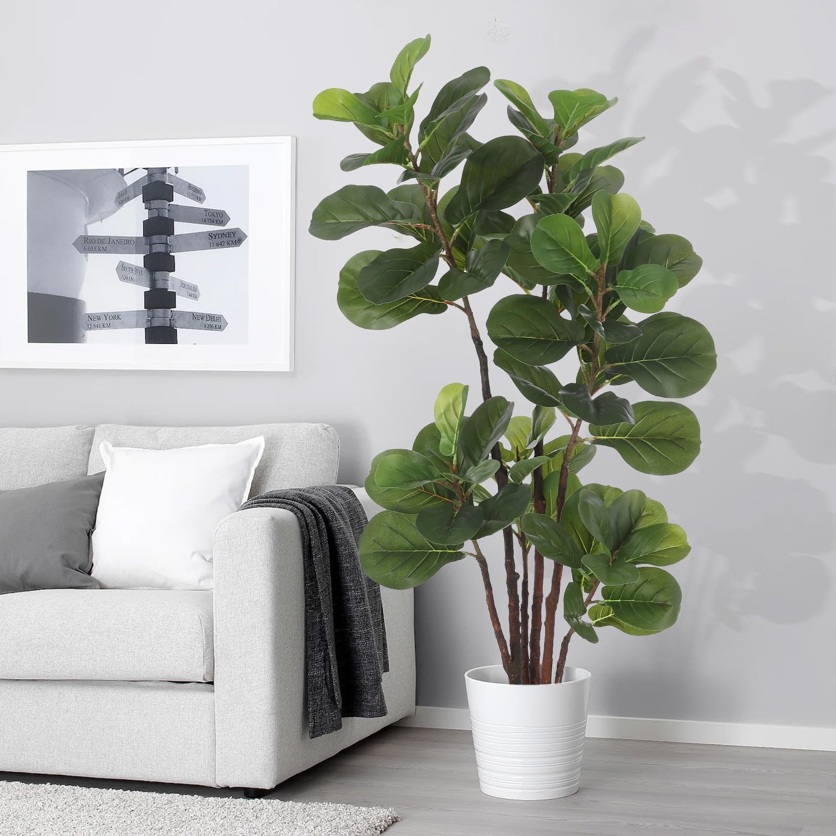 Albero artificiale Garvee Ficus Lyrata da 4 piedi con 72 foglie e robusto vaso in cemento per casa e ufficio, facile da pulire, verde scuro