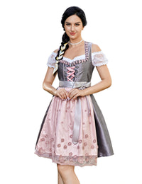 Abito tradizionale da donna Garvee Dirndl midi grigio-rosa taglia 34 - Abito tre pezzi camicetta grembiule