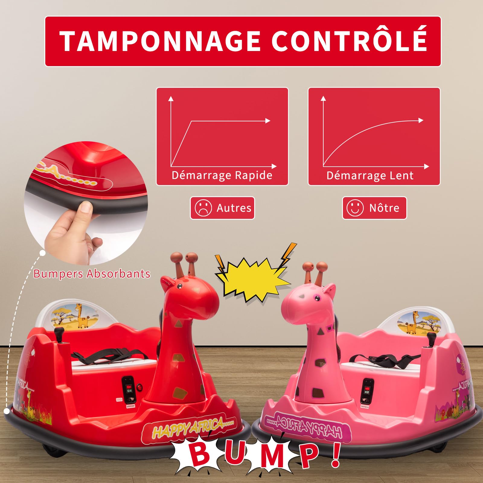 Auto elettrica per bambini Garvee Kids con rotazione a 360°, design a forma di giraffa, rossa con LED, per bambini dai 3 anni in su