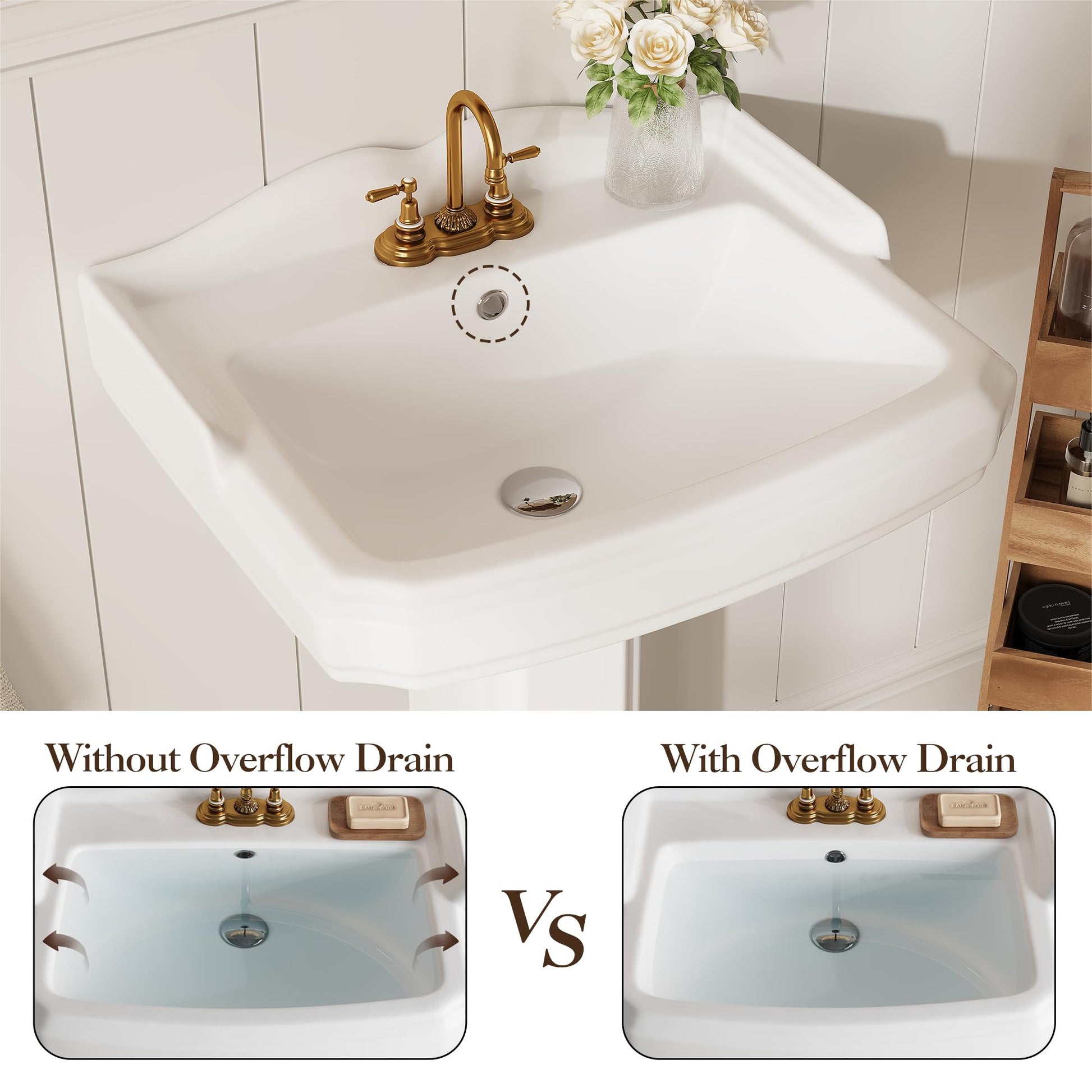 Lavabo rettangolare in ceramica Garvee da 23x19 pollici con rubinetto a 3 fori e troppo pieno per bagno moderno in bianco