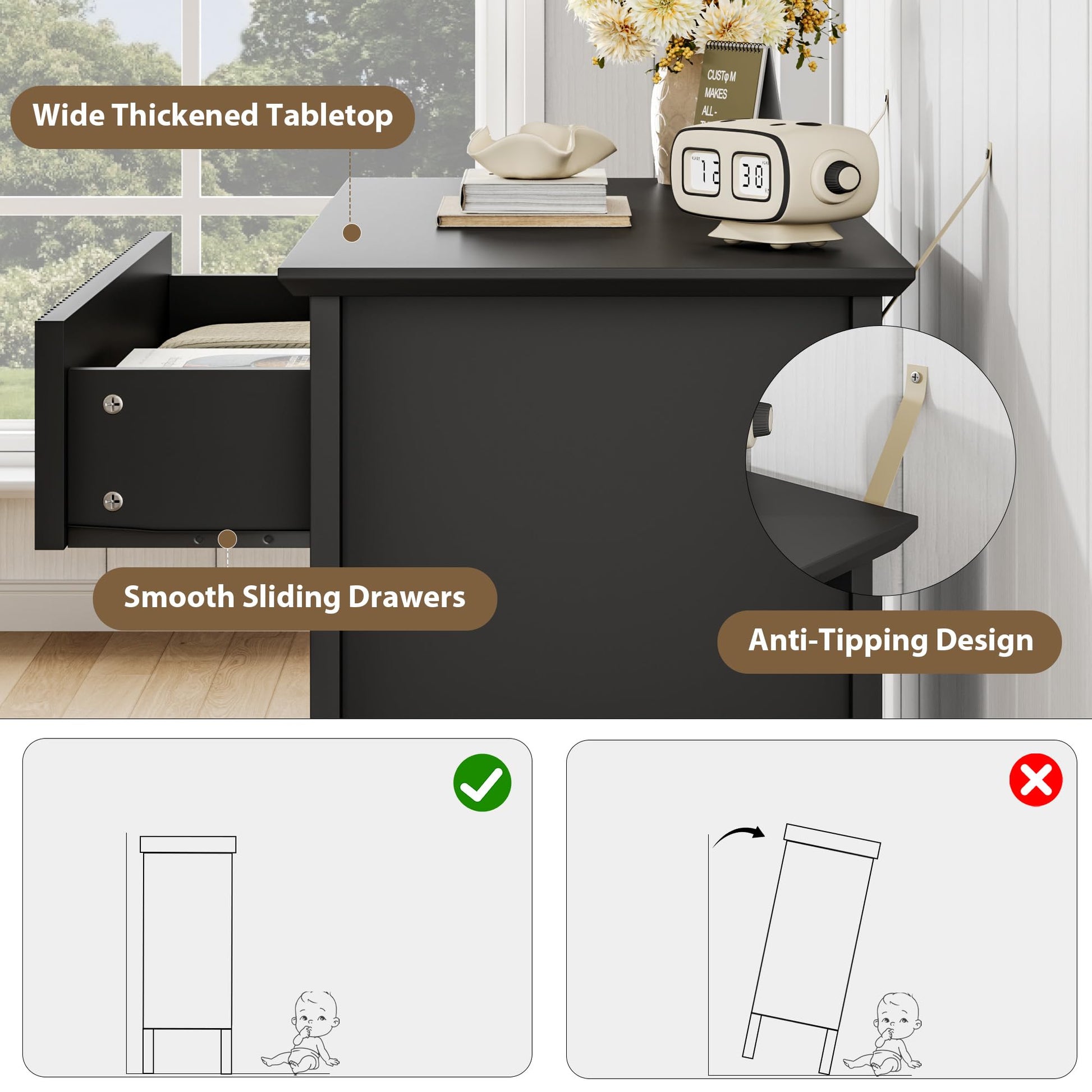 Cassettiera Garvee nera scanalata a 3 cassetti, design moderno scanalato P2 MDF per camera da letto e corridoio, bianca, 31.5"L x 29.5"A