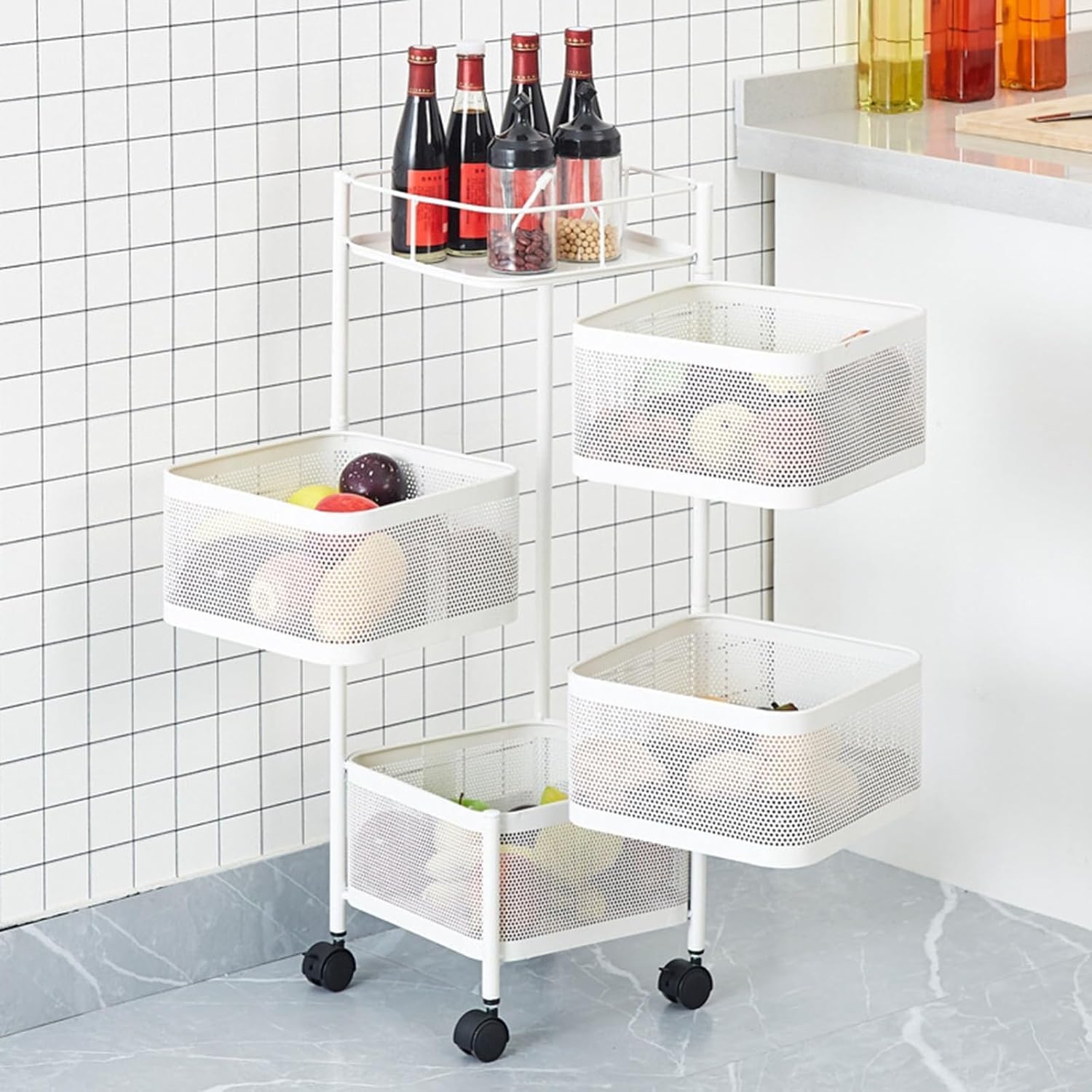Carrello da cucina con ruote in metallo bianco a 4 ripiani Garvee, 78x28x28 cm, per soluzioni di stoccaggio ampliate in cucina, cantina e officina, facile da manovrare