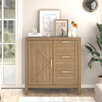 Credenza Garvee Buffet con spazio di archiviazione, ripiani regolabili, MDF e legno massello, soggiorno e cucina, stile country moderno, colore oro
