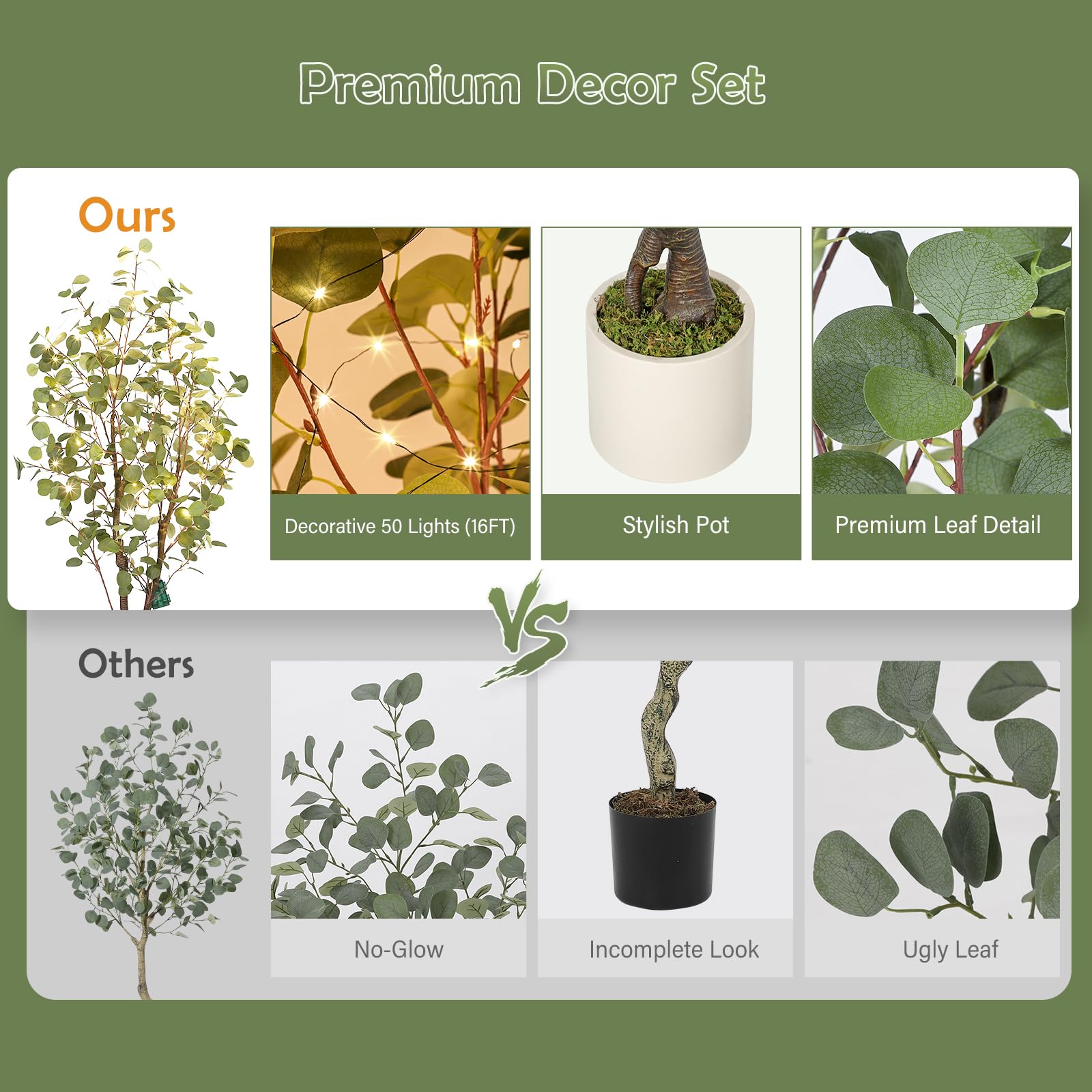 Albero di eucalipto artificiale Garvee da 1.5 m con 50 luci a LED, vaso di plastica, rami regolabili, facile da pulire per soggiorno e ufficio, bianco