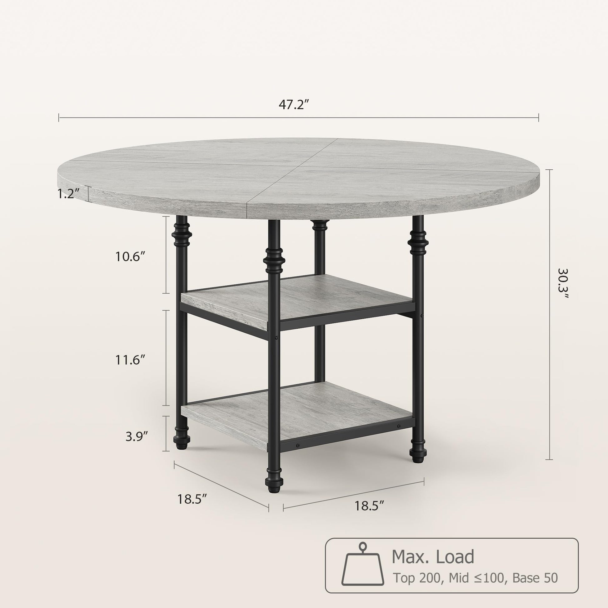 Tavolo da pranzo rotondo Garvee da 119.38 cm per 4 persone con gambe in metallo romano, ripiano a 2 livelli, piedini regolabili, grigio rustico, cucina e sala da pranzo