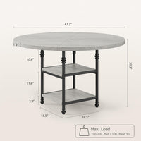 Tavolo da pranzo rotondo Garvee da 119.38 cm per 4 persone con gambe in metallo romano, ripiano a 2 livelli, piedini regolabili, grigio rustico, cucina e sala da pranzo