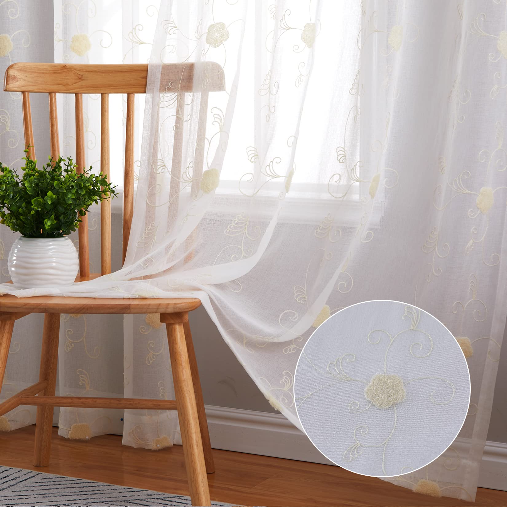 GARVEE Tenda trasparente per cucina, mezza tenda con motivo floreale, tende in voile per bagno, 140x260 cm, beige