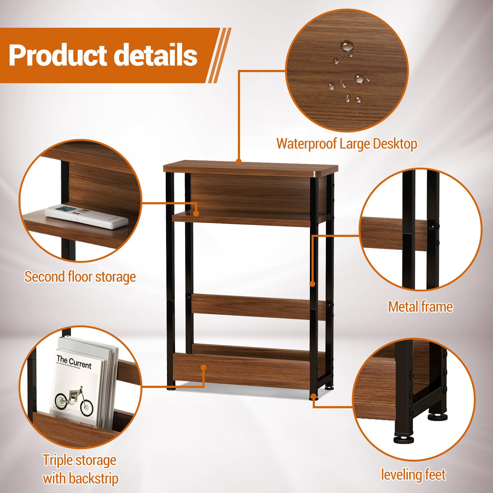 Tavolino laterale stretto Garvee, 3 ripiani con ripiano, MDF e metallo, stile rustico, piedini regolabili, soggiorno e ufficio, salvaspazio, nero