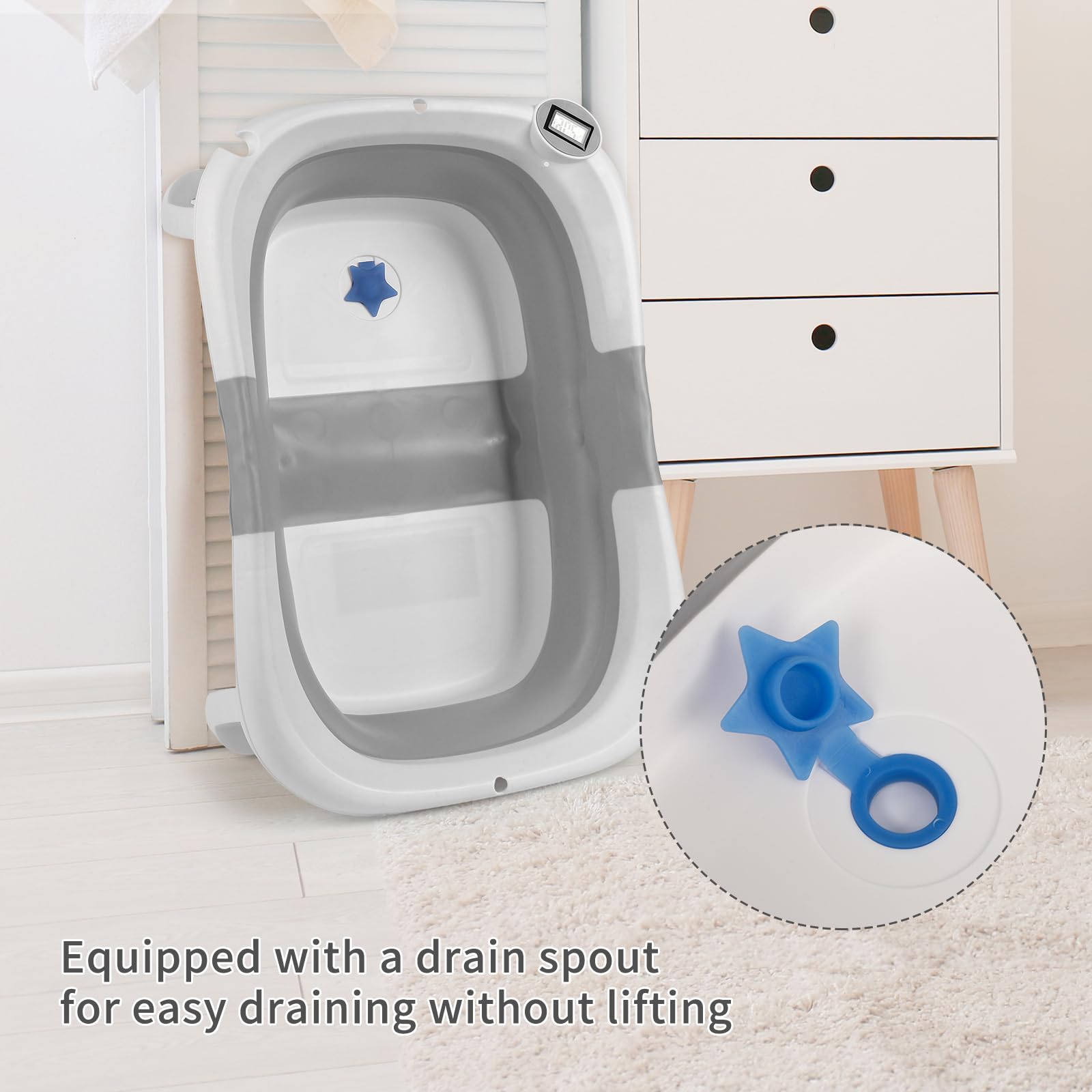 GARVEE Vasca da bagno per neonati, pieghevole e salvaspazio, con termometro e tappetino antiscivolo per neonati e bambini piccoli, grigio