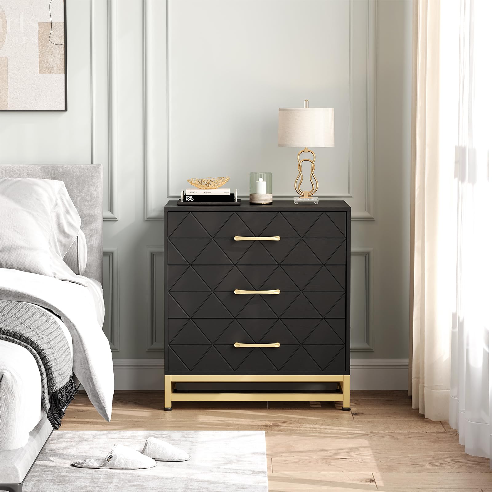 Cassettiera in legno Garvee per camera da letto, 3 cassetti, MDF, nero, moderna, robusta, salvaspazio, soggiorno, corridoio