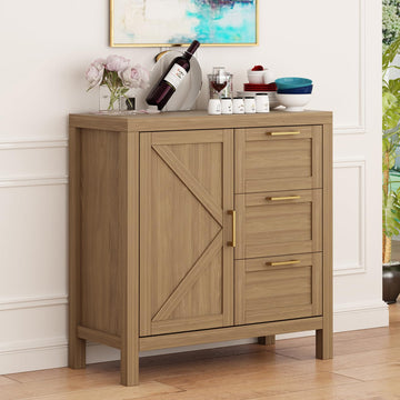 Credenza Garvee Buffet con spazio di archiviazione, ripiani regolabili, MDF e legno massello, soggiorno e cucina, stile country moderno, colore oro