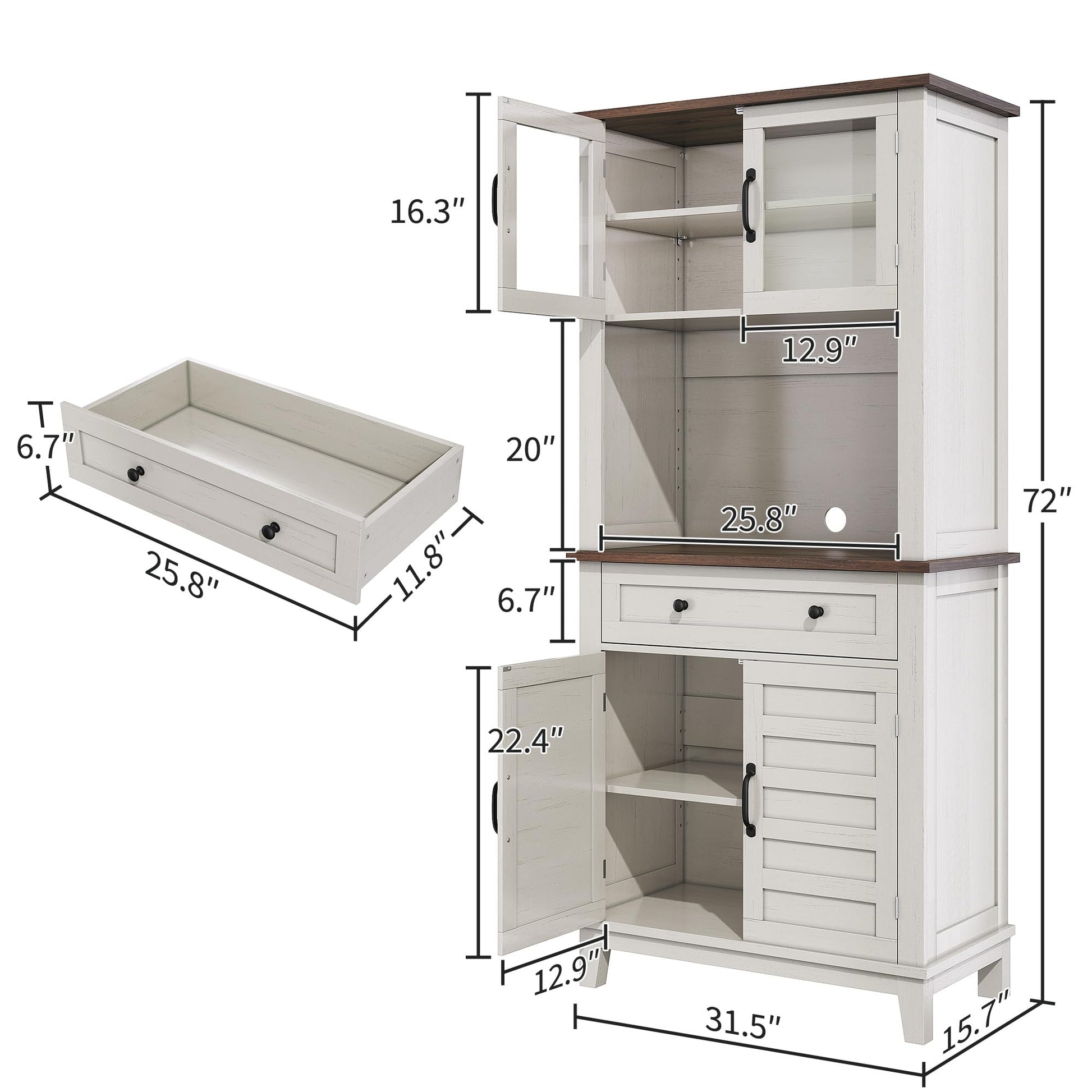 Mobile dispensa da cucina alto Garvee da 182.88 cm con scomparto per microonde, spazio di archiviazione, legno, cassetti, ante in vetro, bianco, sala da pranzo
