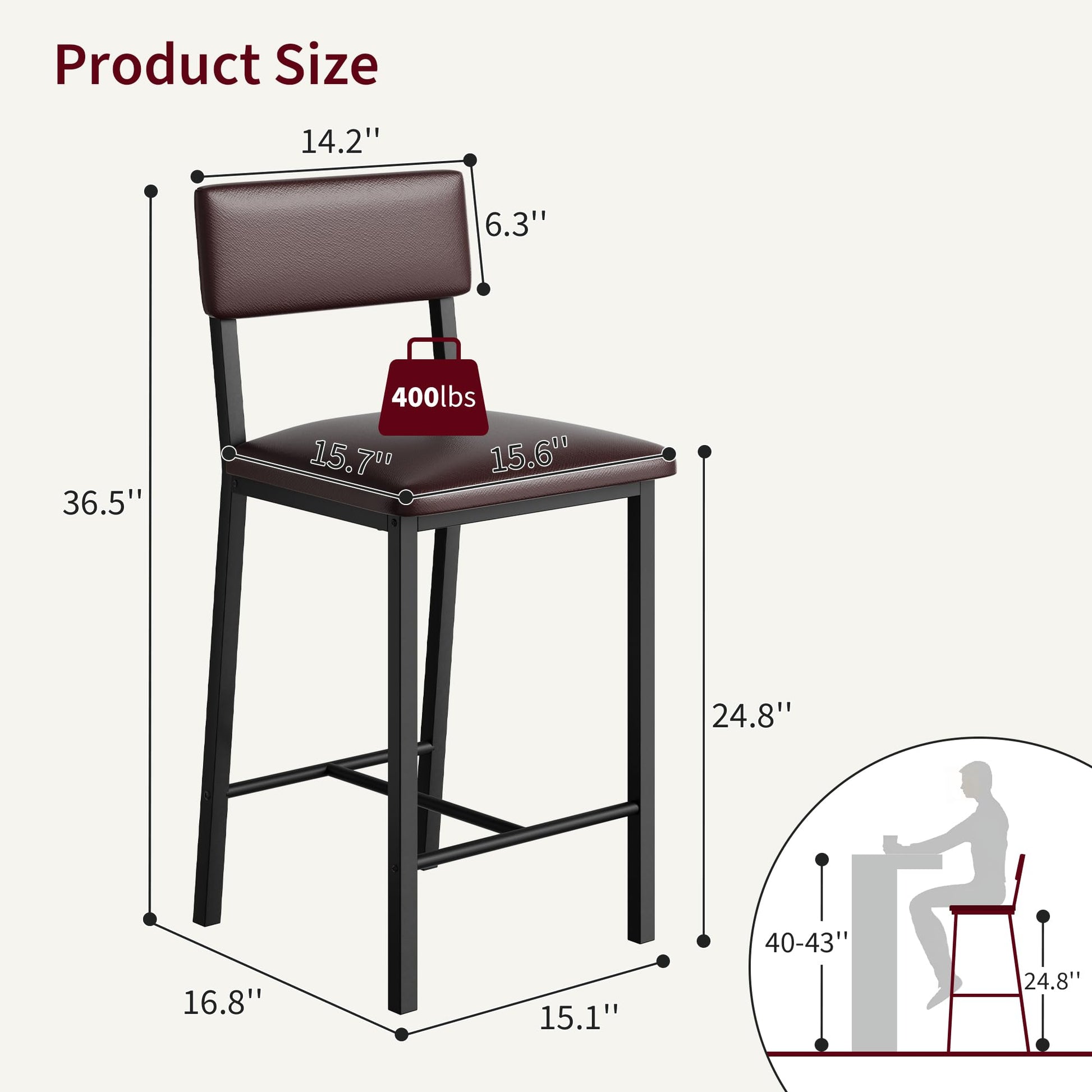 Set di 4 sgabelli da bar Garvee, in similpelle, ergonomici e stabili, struttura in MDF e acciaio, poggiapiedi e schienale, marrone scuro, per cucina e bar