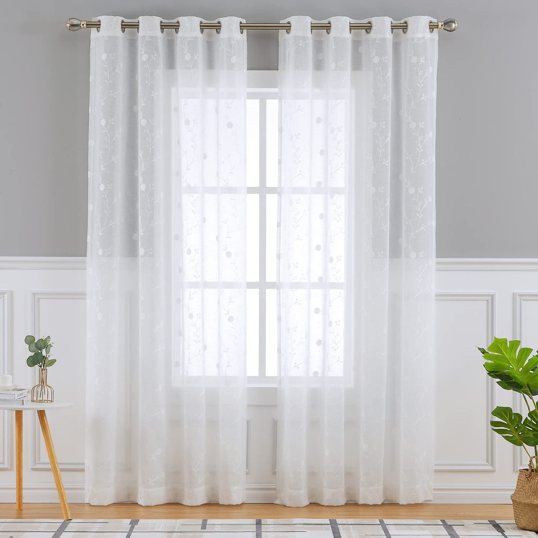 Garvee Klassische Transparente Vorhangpaneele Waschbar Bestickte Strukturierte Ösenvorhänge Wohnzimmer Weiß 132x137cm