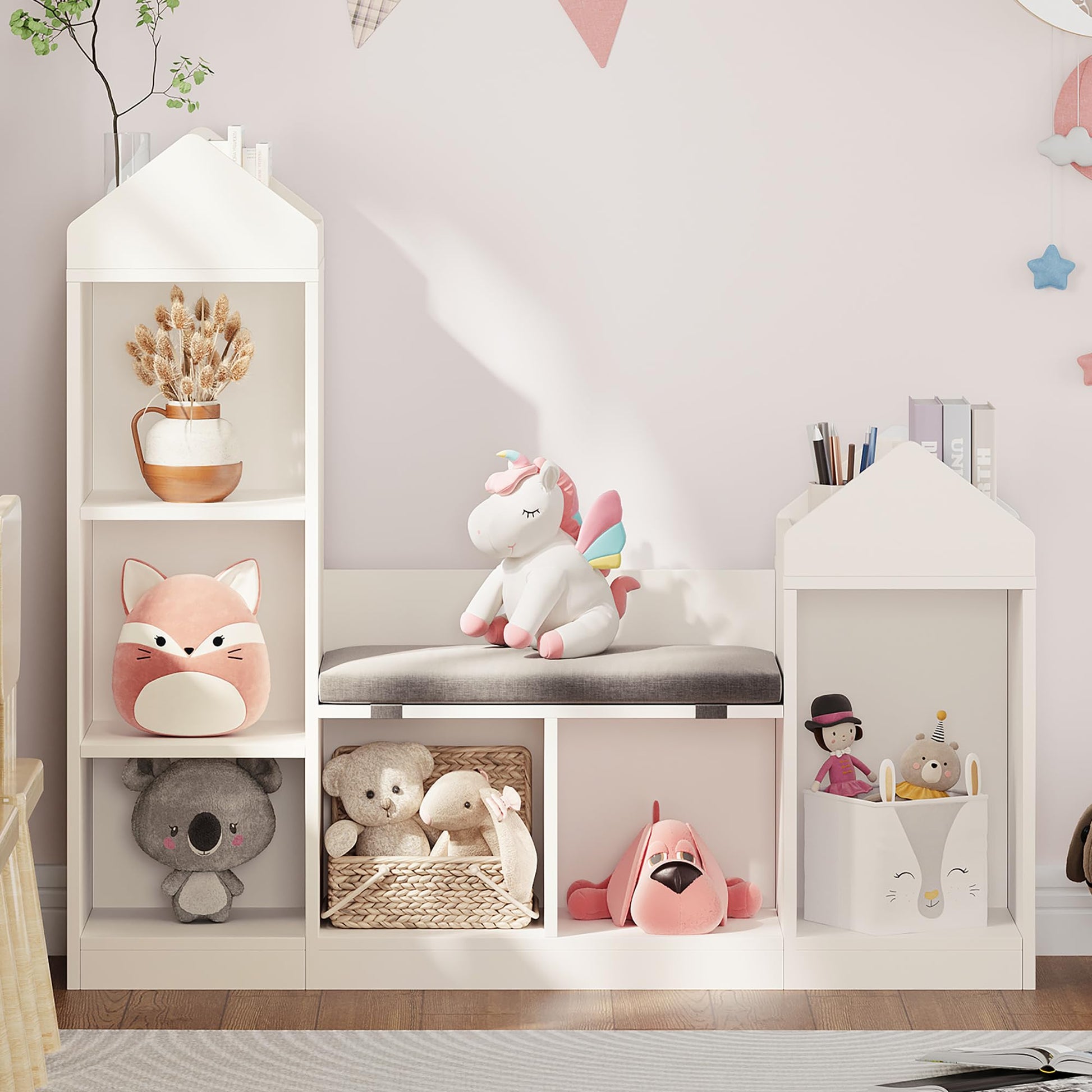 Libreria per bambini Garvee con angolo lettura, 6 ripiani, in legno, design moderno del tetto, per camerette e aule, 42,32x47,75x11,8 pollici