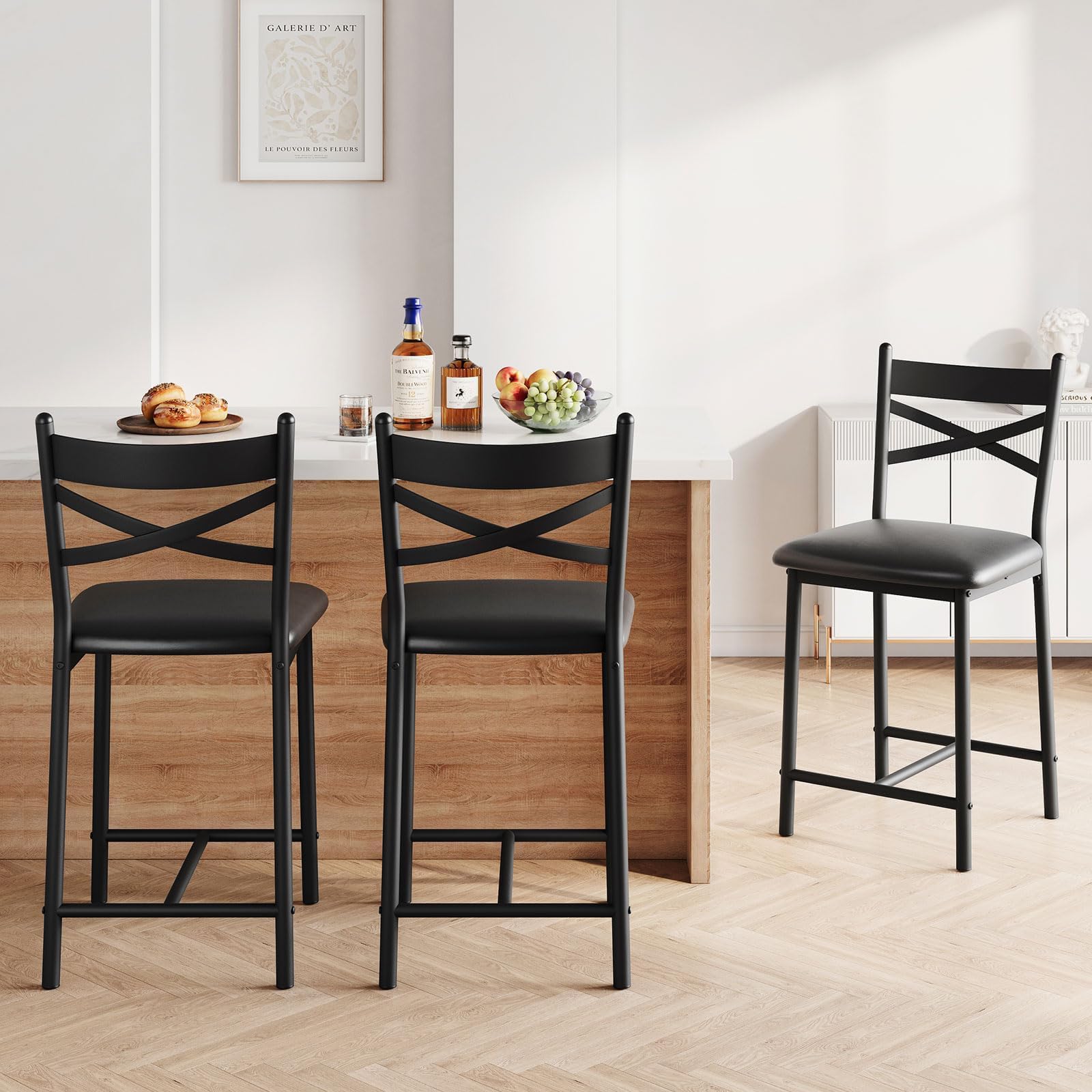 Set di 2 sgabelli da bar Garvee, struttura in metallo, seduta in PU, design a X, schienale, poggiapiedi, 26" nero, isola cucina, sala da pranzo