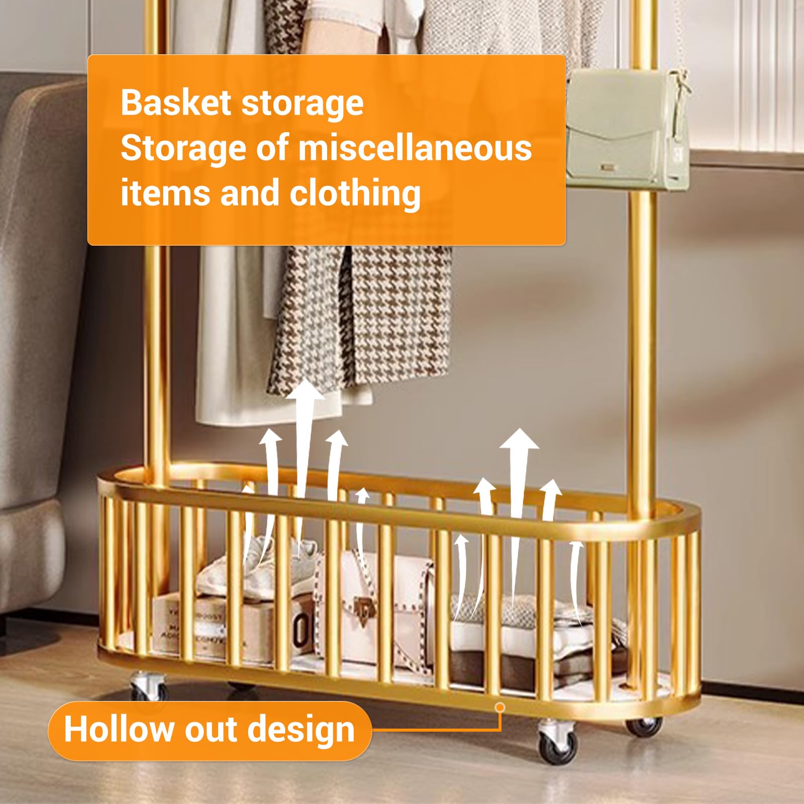 Appendiabiti a rotelle Garvee con struttura in metallo, ruote girevoli a 360°, grande cesto per camera da letto e boutique, 39,37x68,9 pollici, colore metallizzato