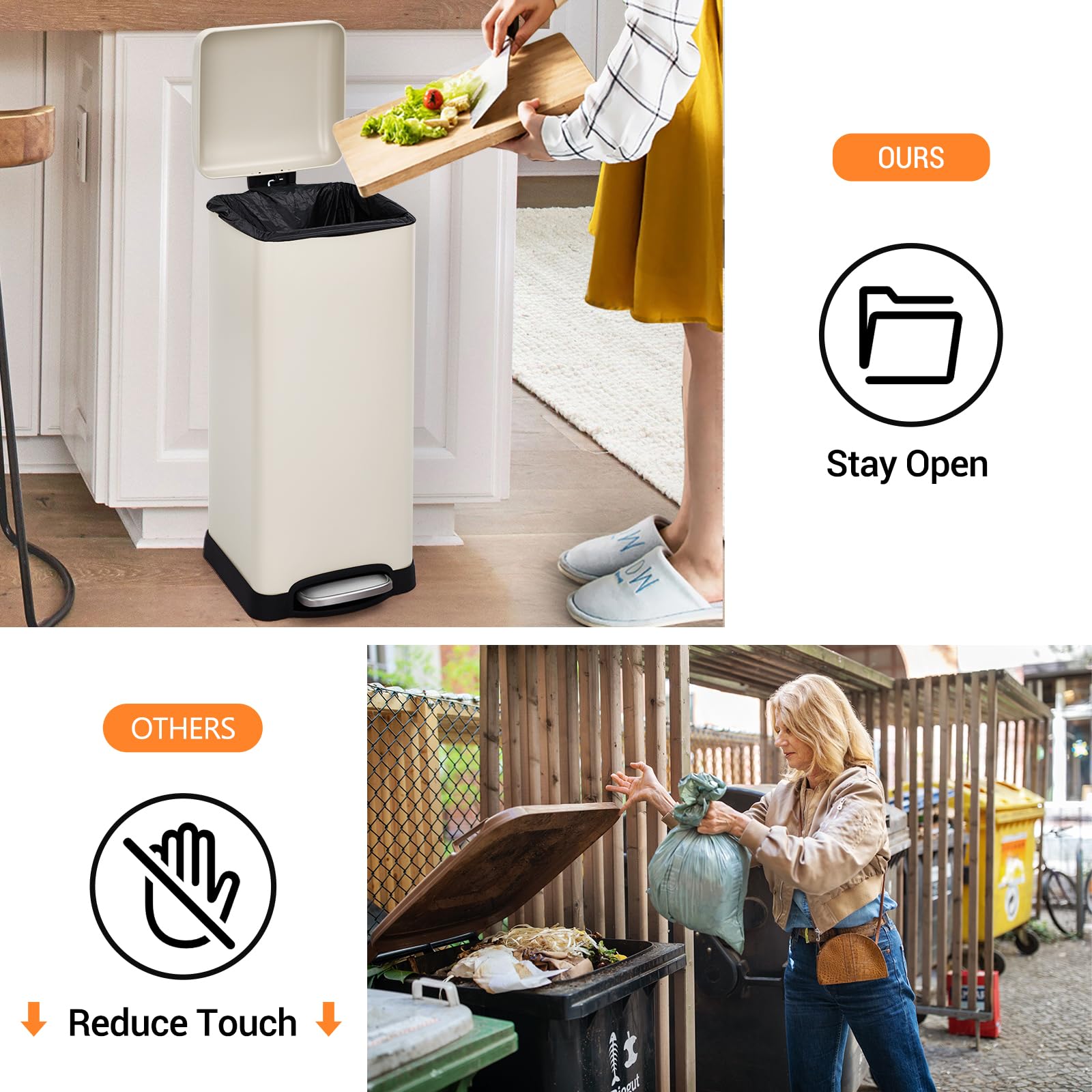 Pattumiera rettangolare Garvee da 8 gal/30 L in acciaio inox con coperchio a chiusura ammortizzata per cucina e sala da pranzo, anti-impronta, con secchio interno