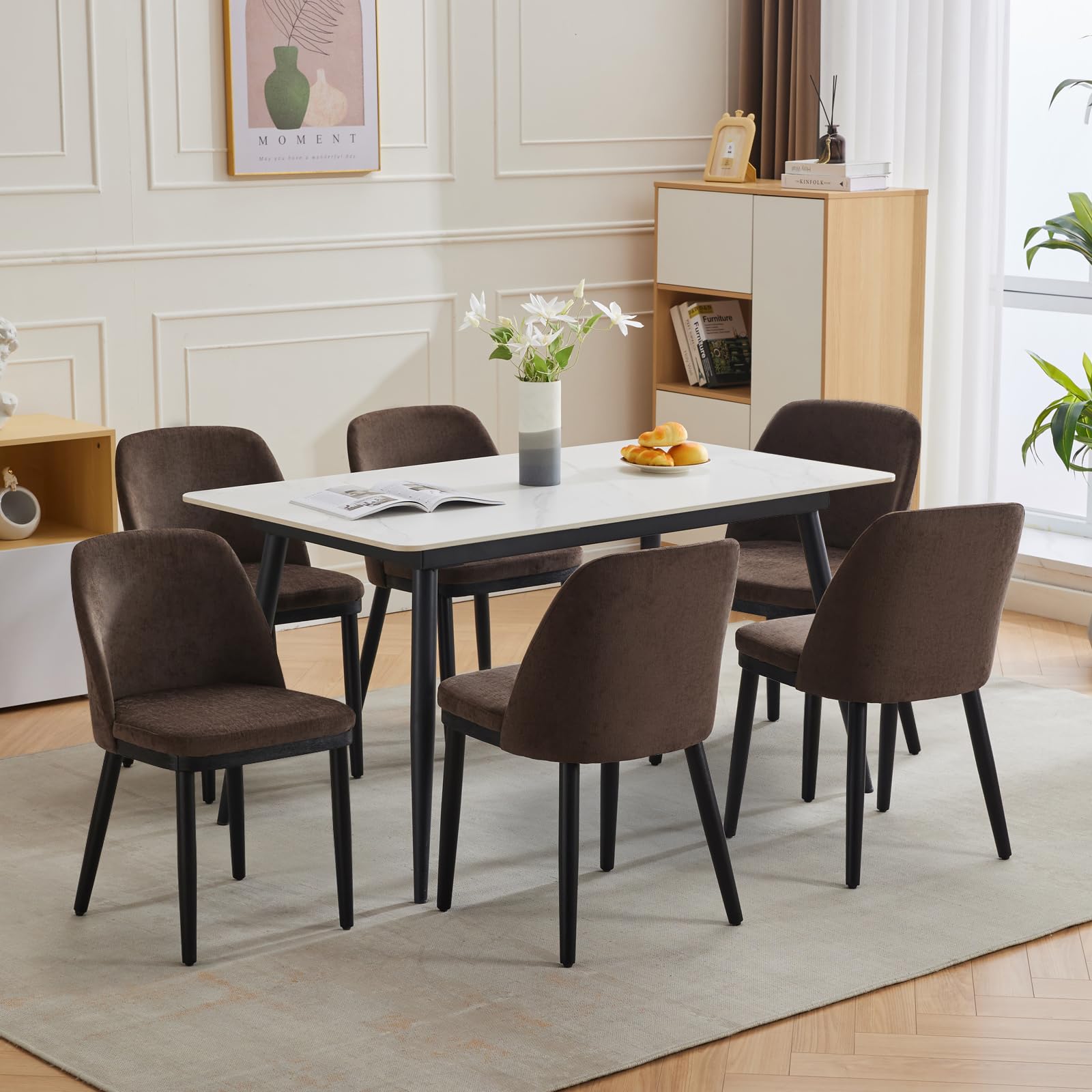 Garvee, set di 2 sedie da pranzo moderne, rivestimento in lino, schienale curvo, gambe in legno, sedia beige per cucina e soggiorno