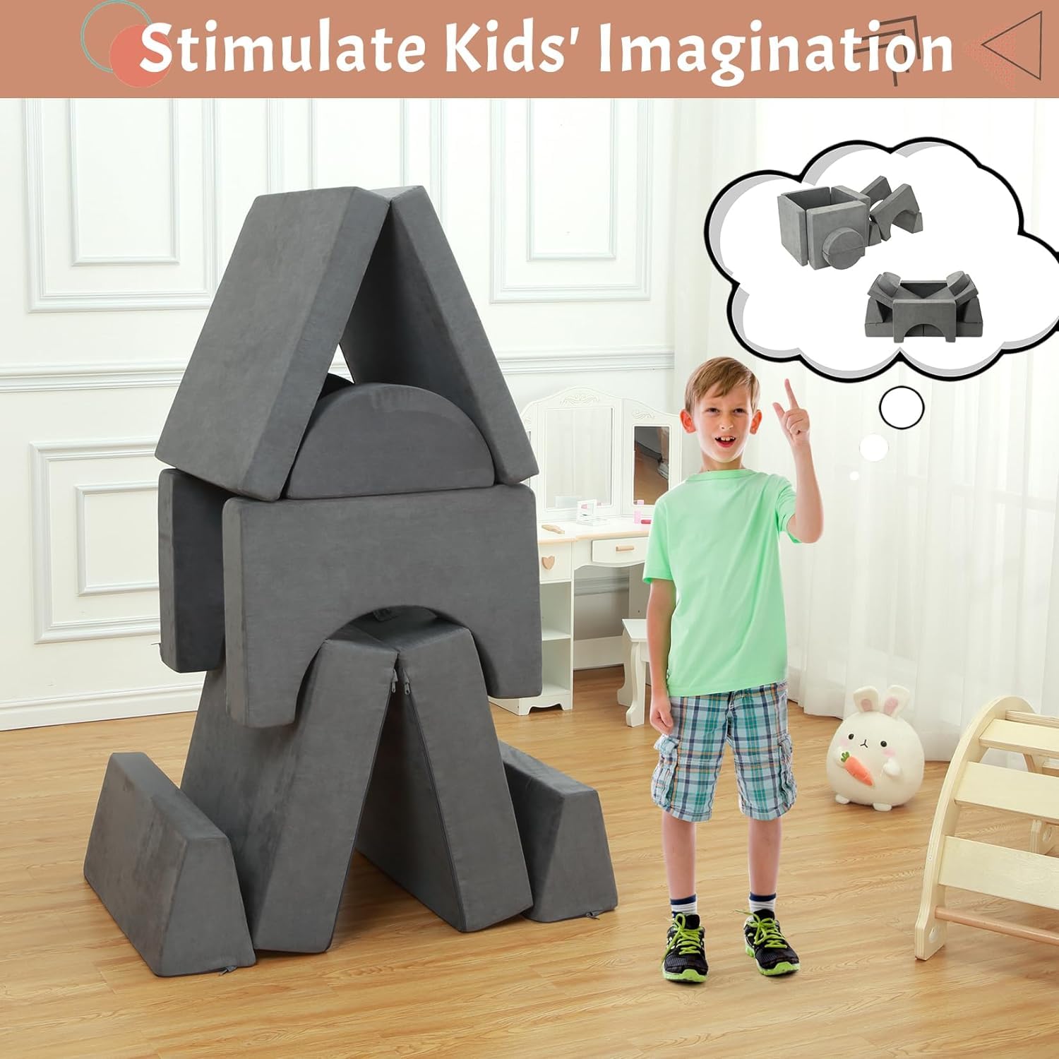 Divano da gioco per bambini Garvee, divano modulare da 8 pezzi, fodera rimovibile, microfibra, grigio scuro, sala giochi