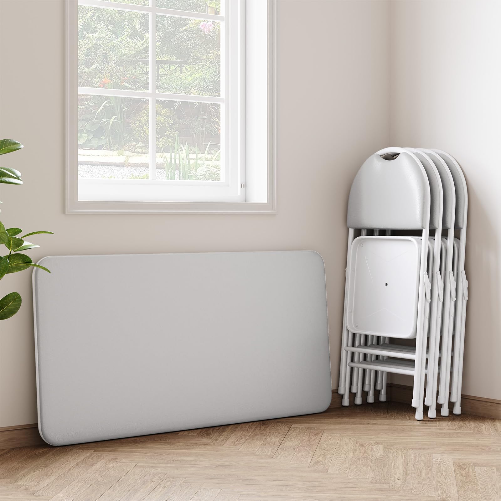 Tavolo pieghevole Garvee a 4 gambe con gambe in metallo e piano in similpelle per uso interno ed esterno, 120x60 cm, grigio, robusto e pieghevole
