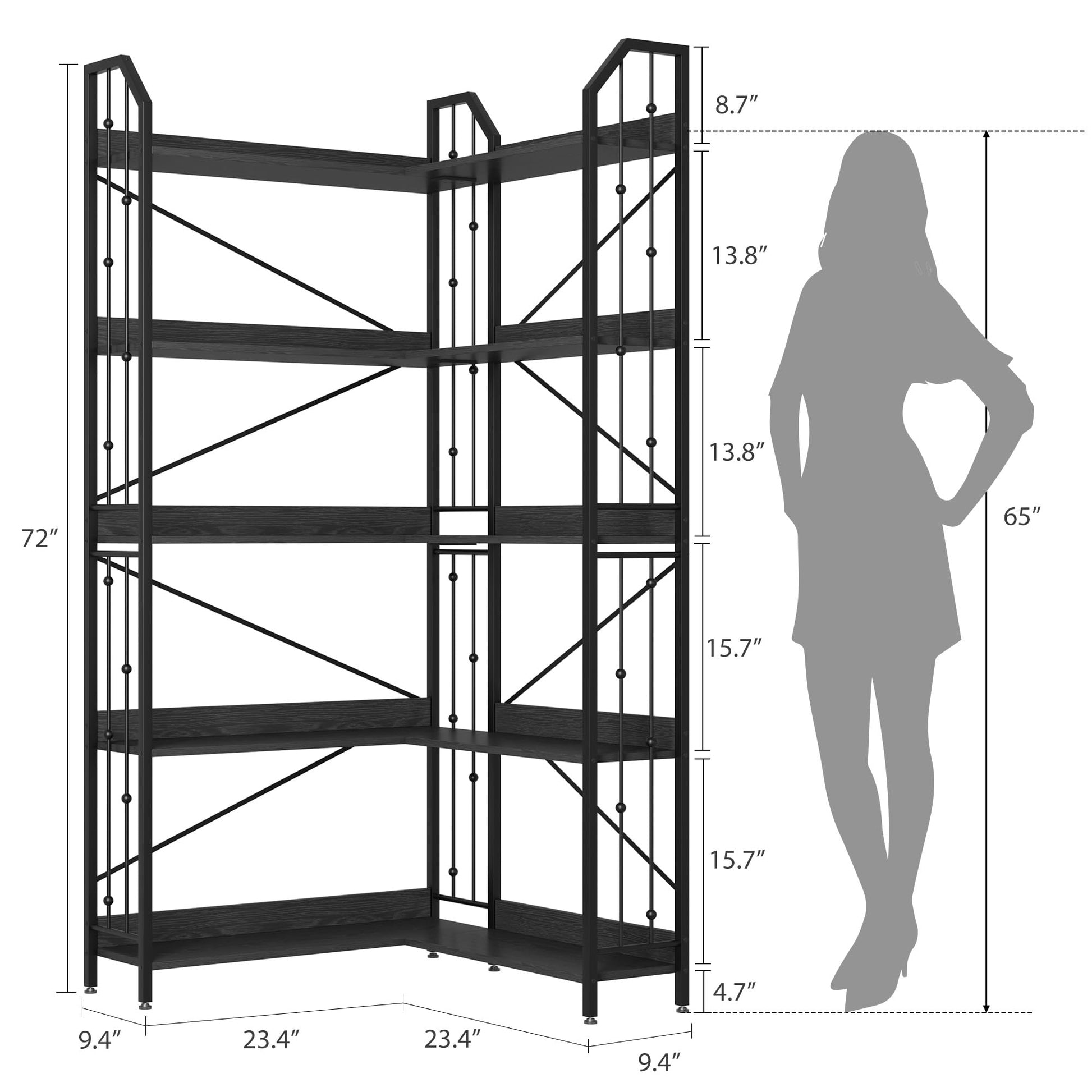 Mensola angolare Garvee da 72" a forma di L, in metallo e MDF, per soggiorno e camera da letto, robusta, antiribaltamento, a 5 ripiani, nera