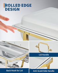 Garvee Chafing Dish Buffet Set da 6, 8QT, Acciaio Inox, Doppia Temperatura, Telaio Pieghevole, Oro, per Feste e Catering