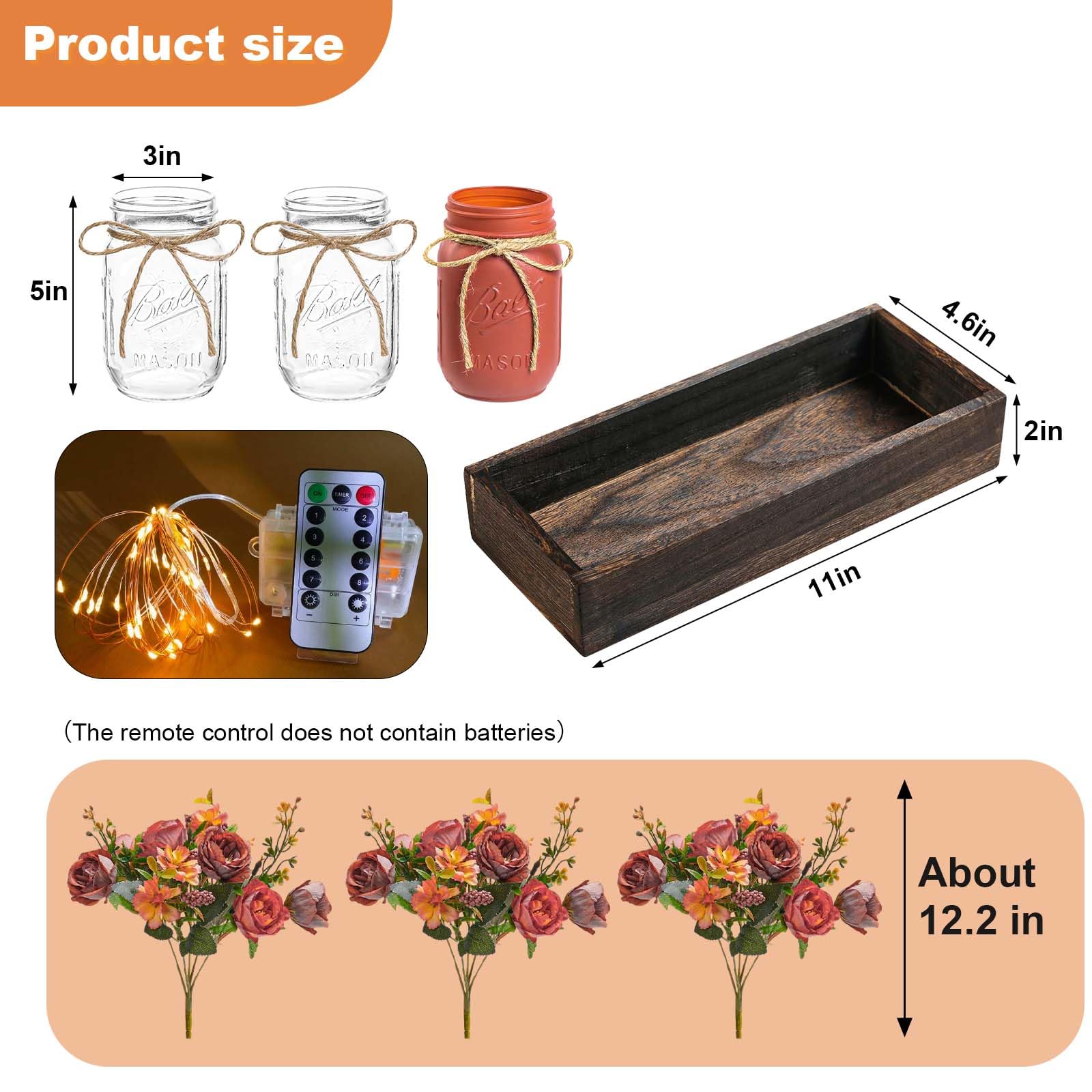 Set di 3 barattoli di vetro Garvee con fiori artificiali blu, vassoio rustico in legno, luci con timer per cucina e soggiorno, 34,3x10,9x10,9 cm, blu