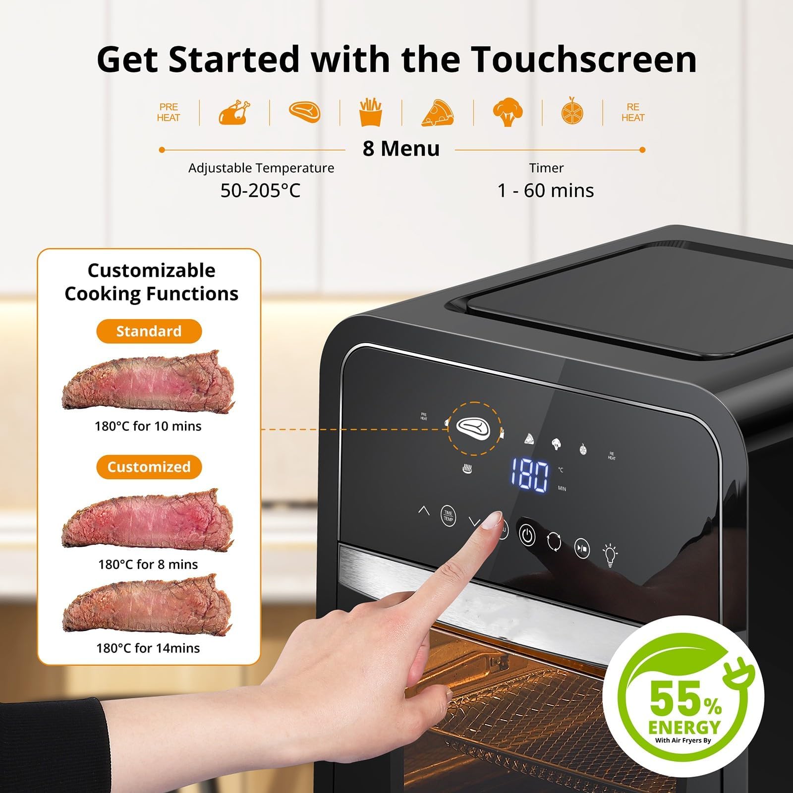 Friggitrice ad aria Garvee da 12 litri e 2000 W con finestra di visualizzazione per la cucina, tappetino da forno in silicone, risparmio energetico, bassa rumorosità, nera