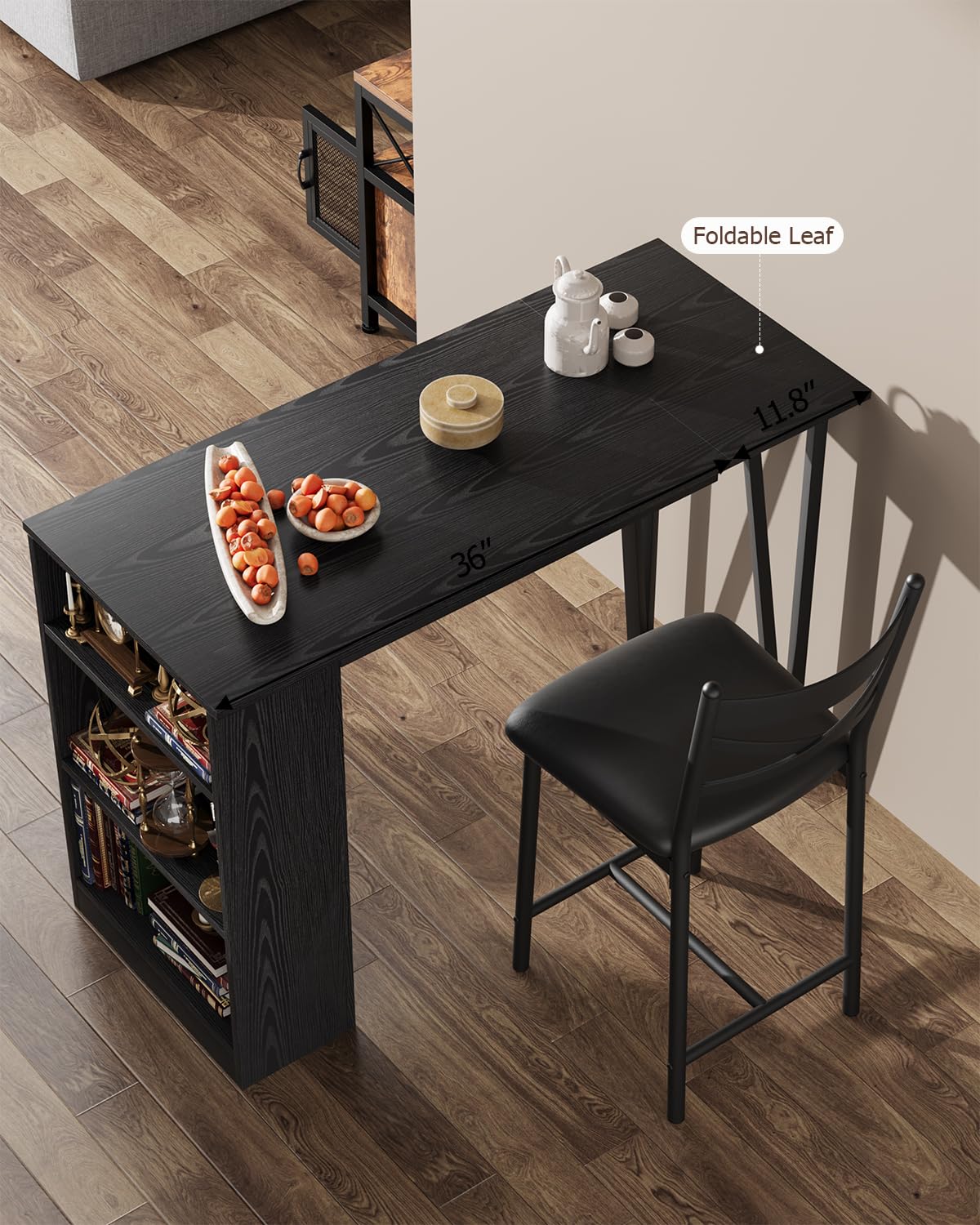 Tavolo da bar estensibile Garvee per 2-4 persone, cuscini larghi 16 pollici, MDF resistente, spazio di archiviazione, nero, piccoli appartamenti